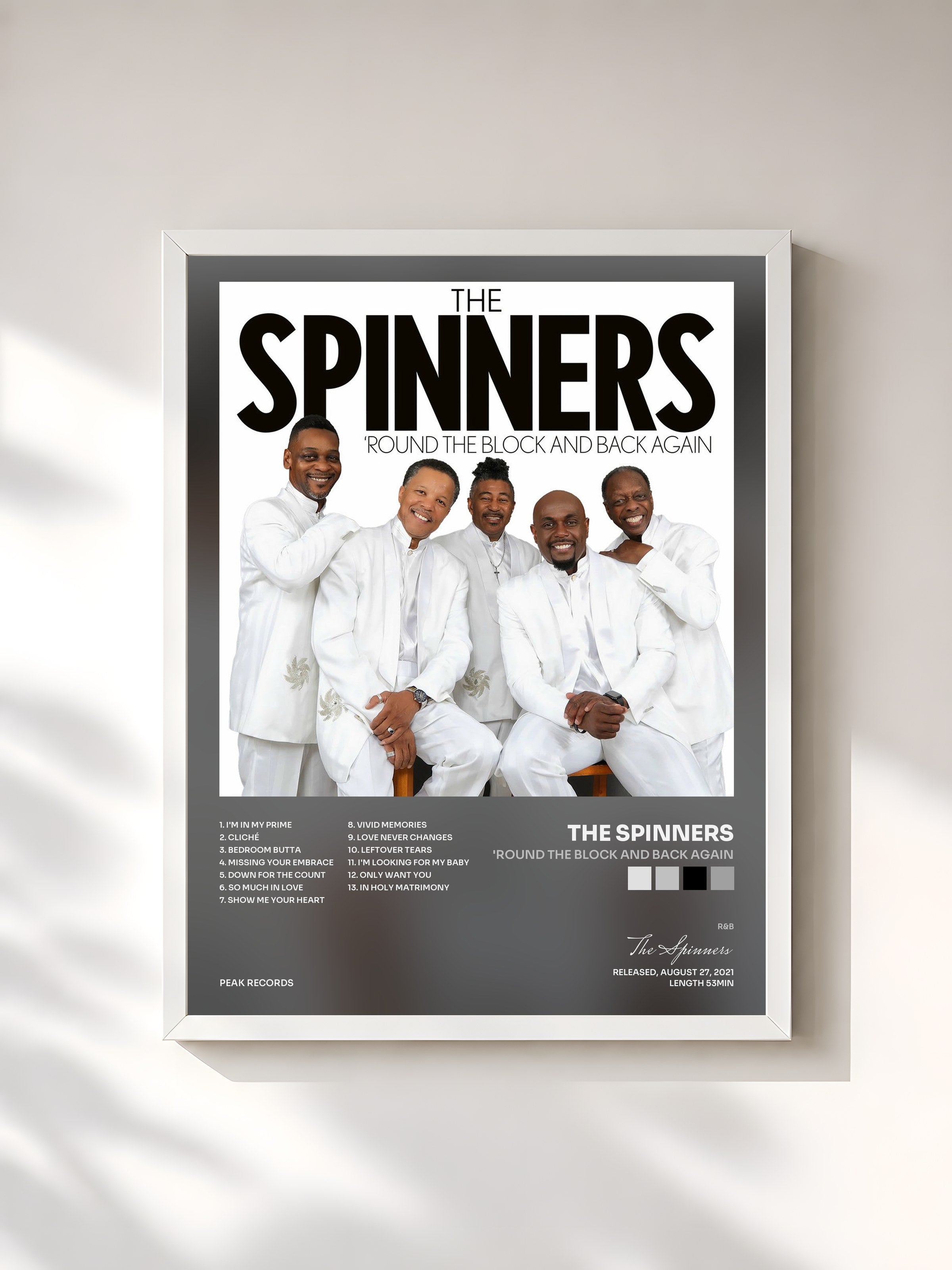 #blanc Tableau de l'album 'Round the Block and Back Again de The Spinners, cadre blanc, imprimé et encadré en France