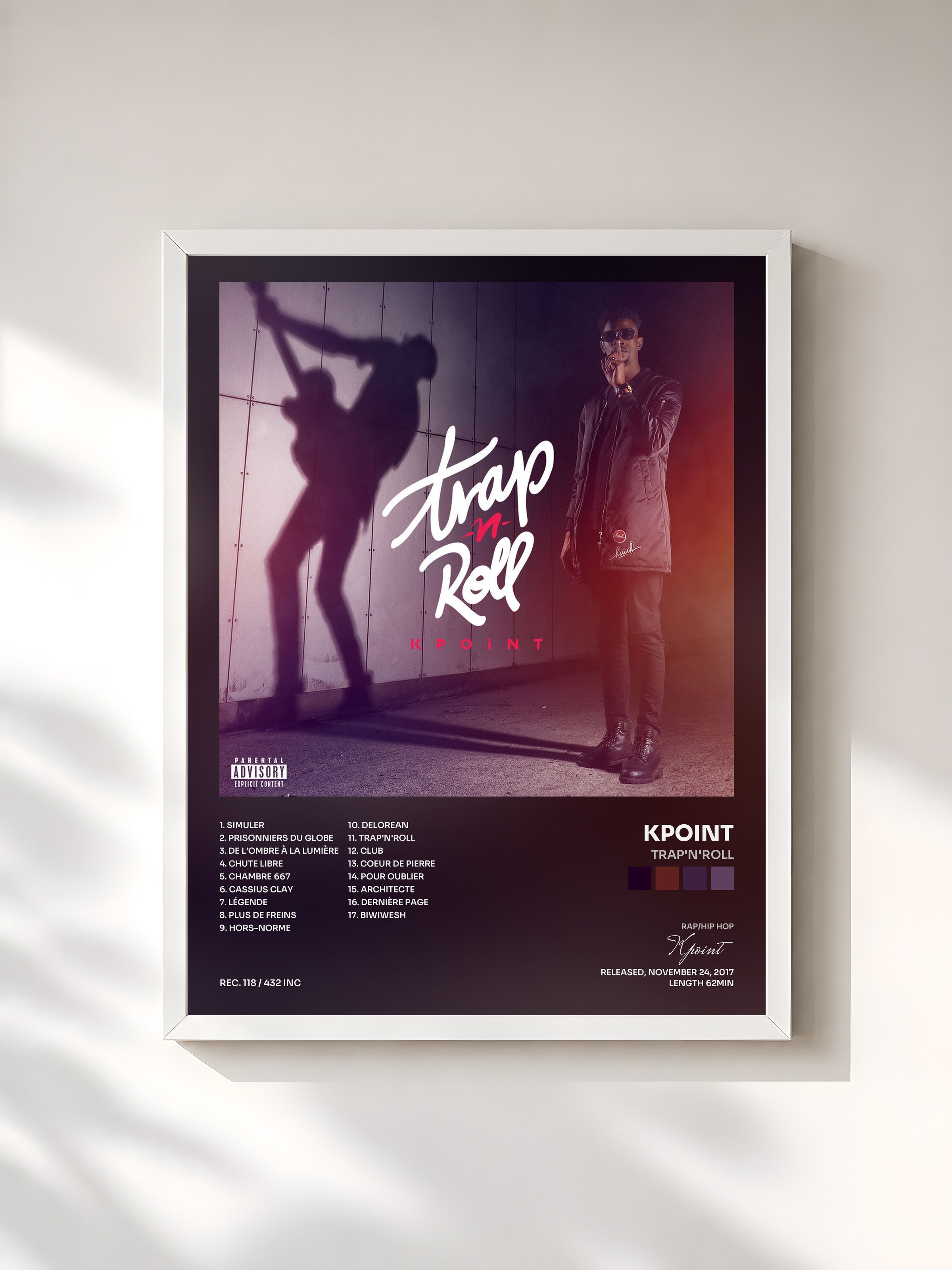 #blanc Tableau de l'album Trap'N'Roll de Kpoint, cadre blanc, imprimé et encadré en France
