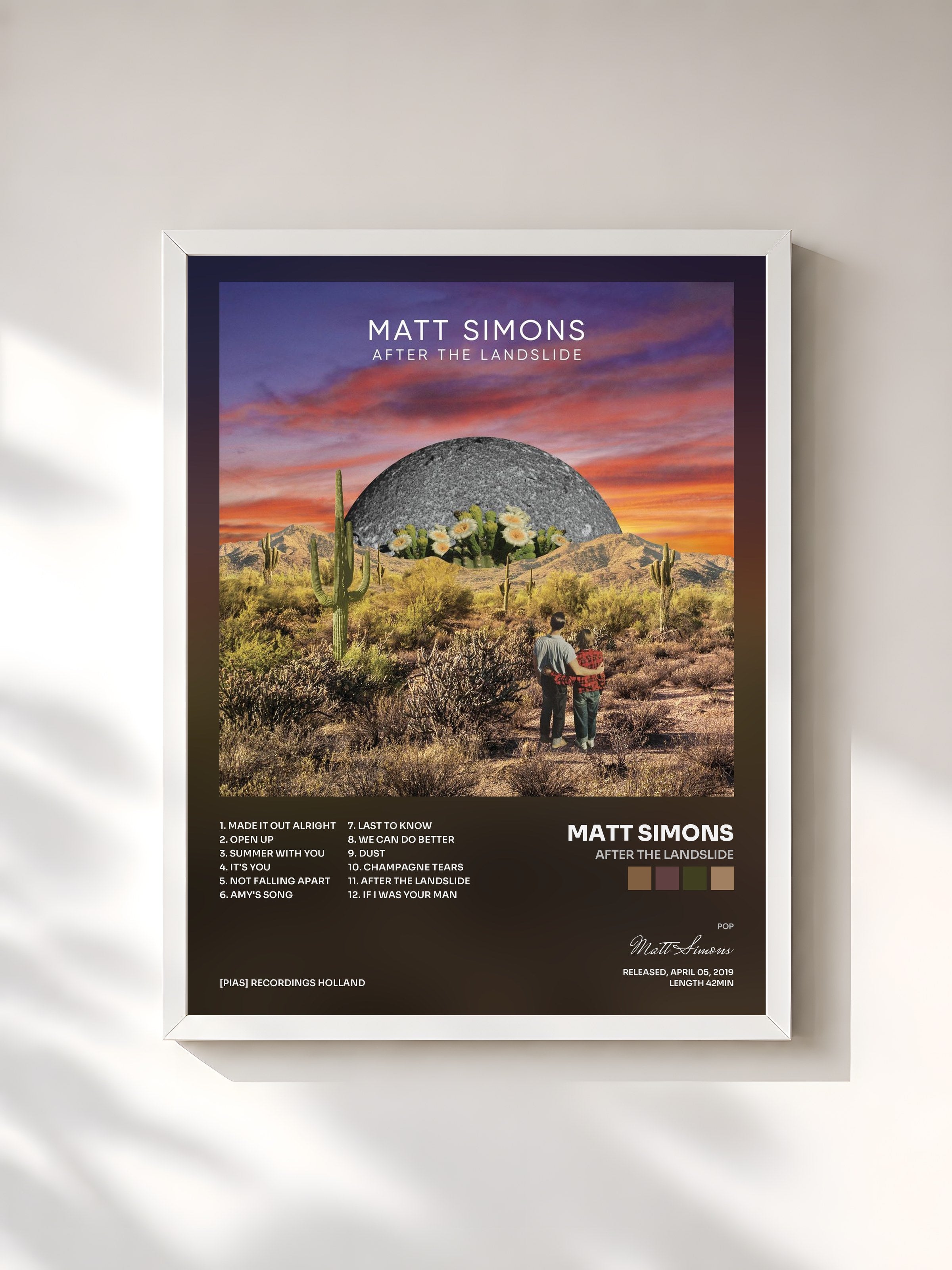 #blanc Tableau de l'album After The Landslide de Matt Simons, cadre blanc, imprimé et encadré en France