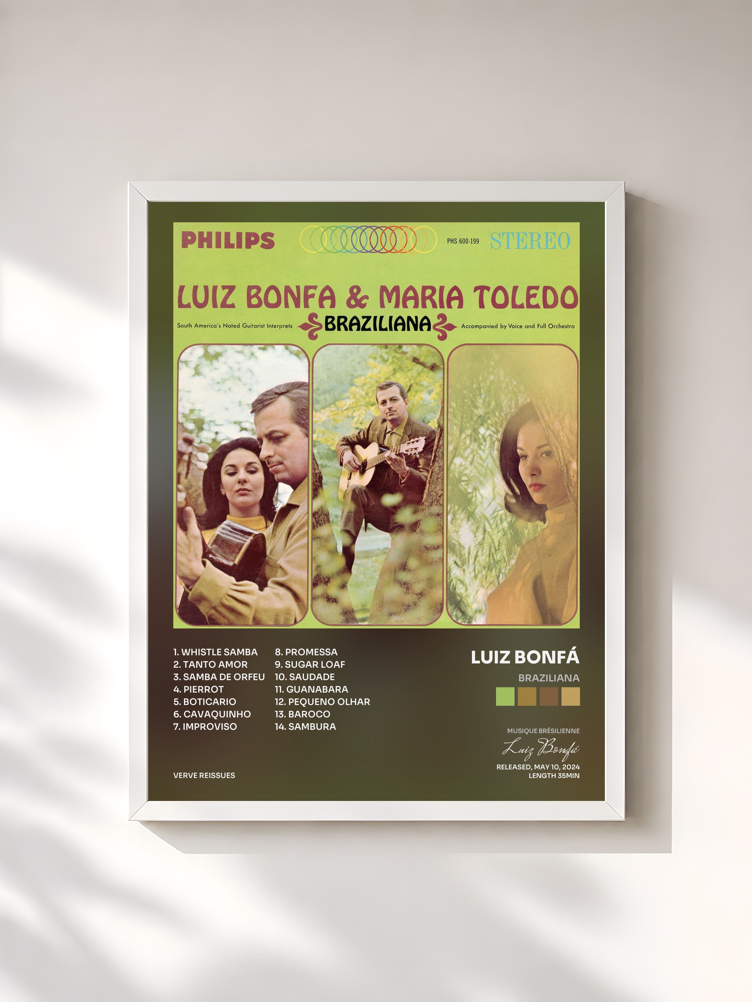 #blanc Tableau de l'album Braziliana de Luiz Bonfá, cadre blanc, imprimé et encadré en France