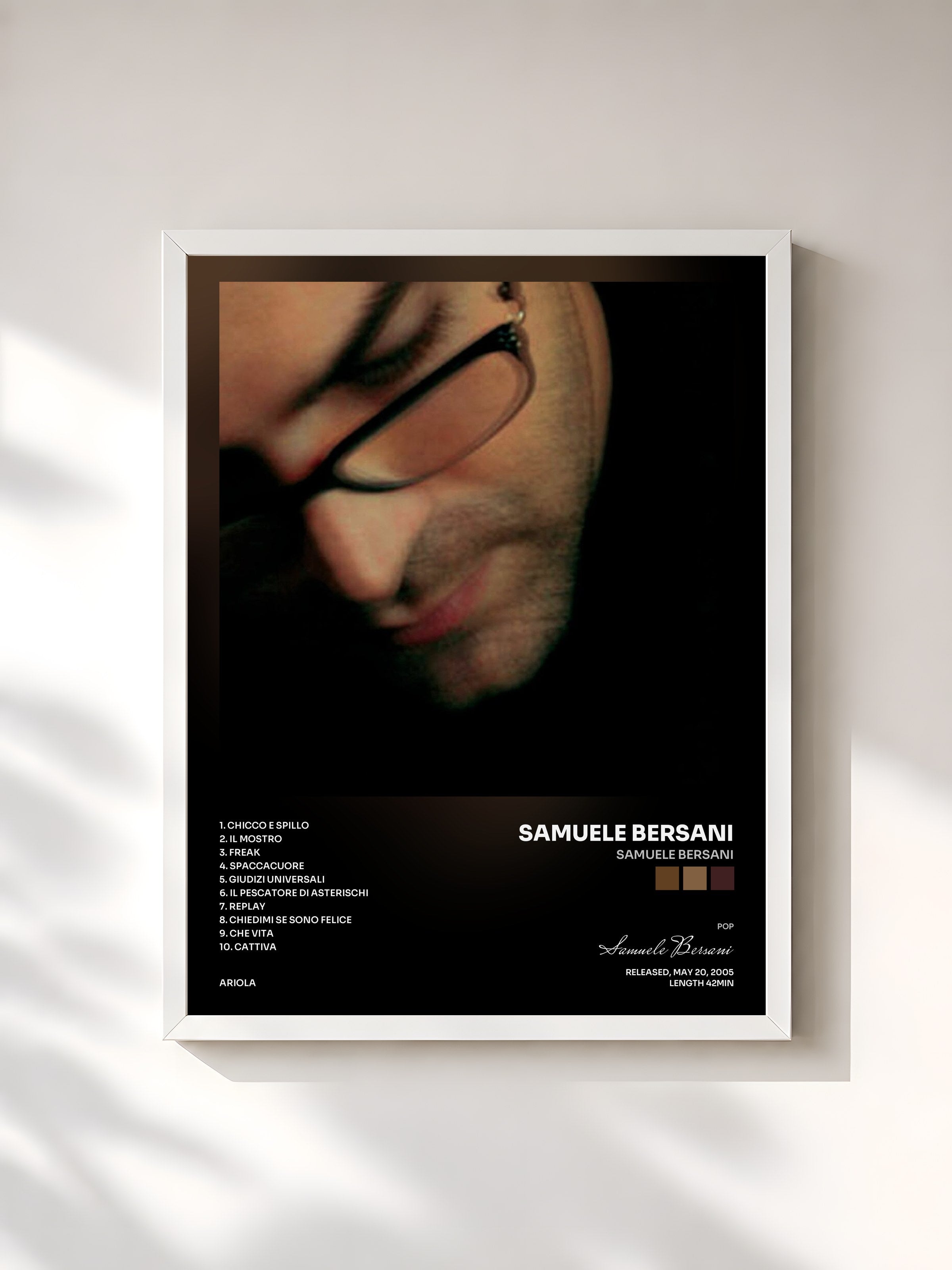 #blanc Tableau de l'album Samuele Bersani de Samuele Bersani, cadre blanc, imprimé et encadré en France