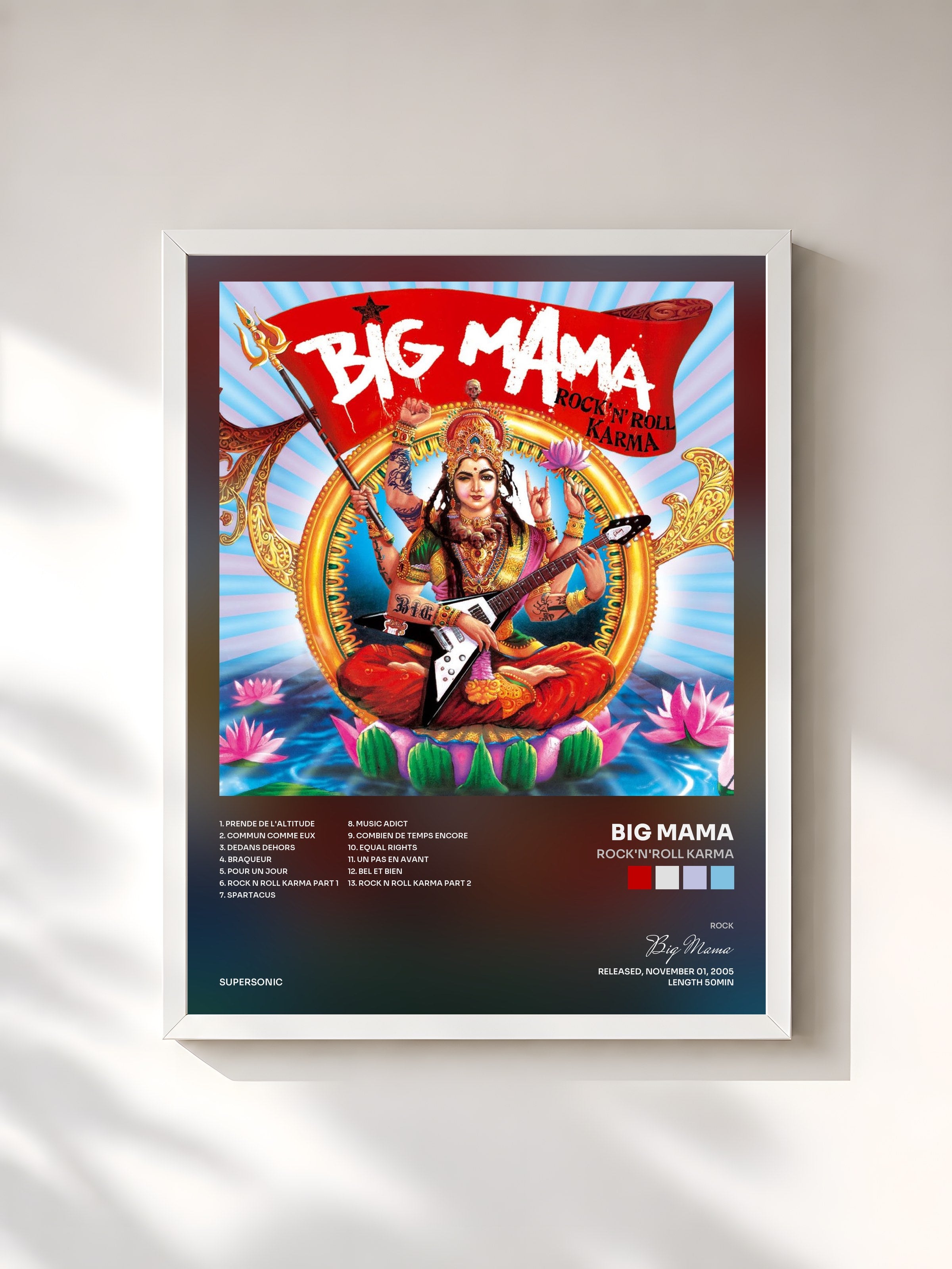 #blanc Tableau de l'album Rock'n'roll karma de Big Mama, cadre blanc, imprimé et encadré en France