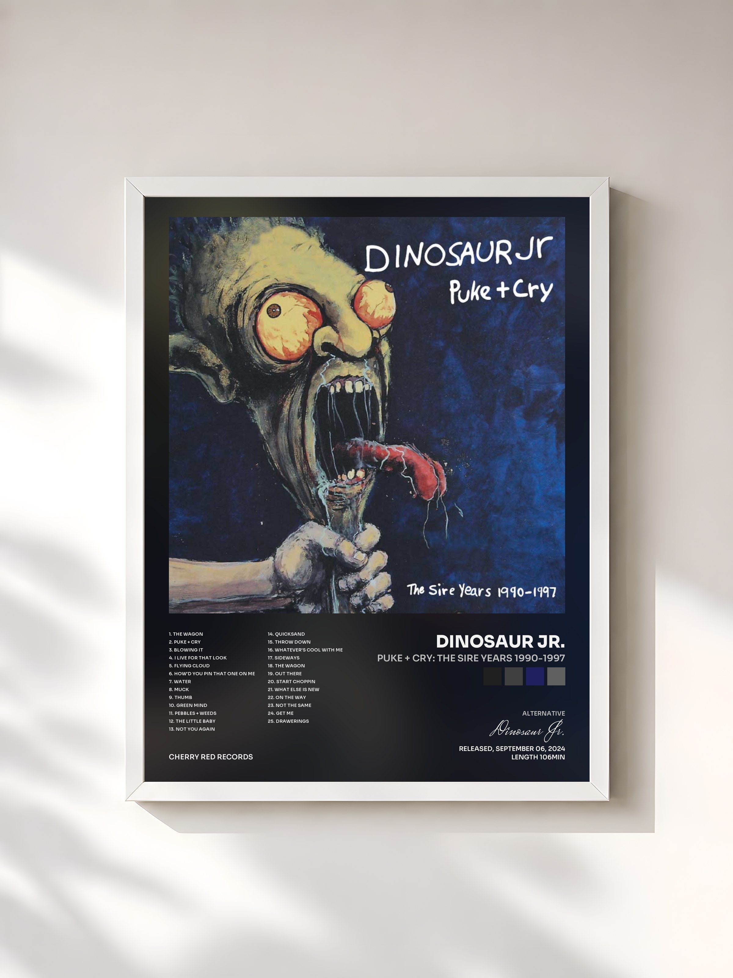 #blanc Tableau de l'album Puke + Cry: The Sire Years 1990-1997 de Dinosaur Jr., cadre blanc, imprimé et encadré en France