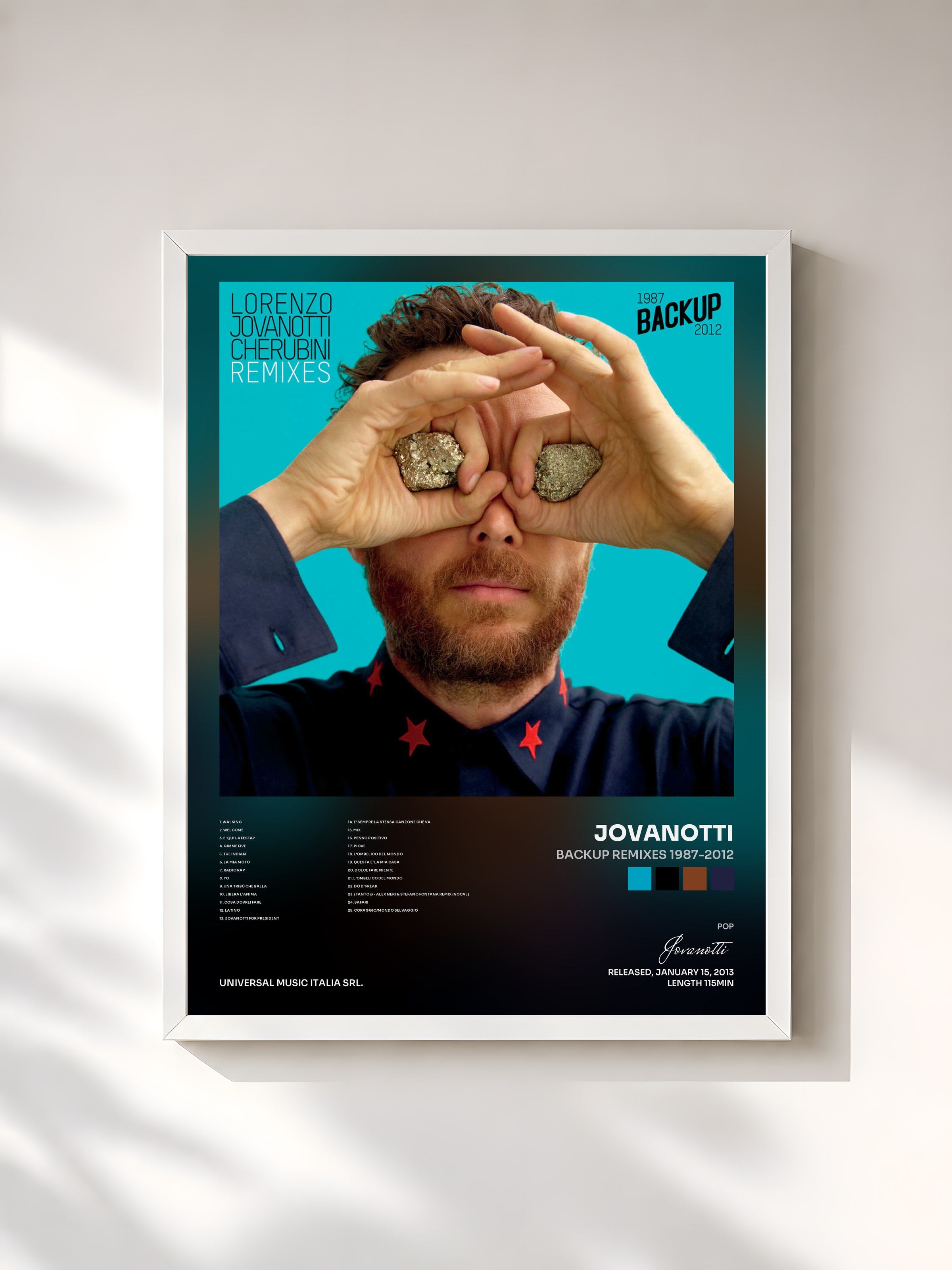 #blanc Tableau de l'album Backup Remixes 1987-2012 de Jovanotti, cadre blanc, imprimé et encadré en France