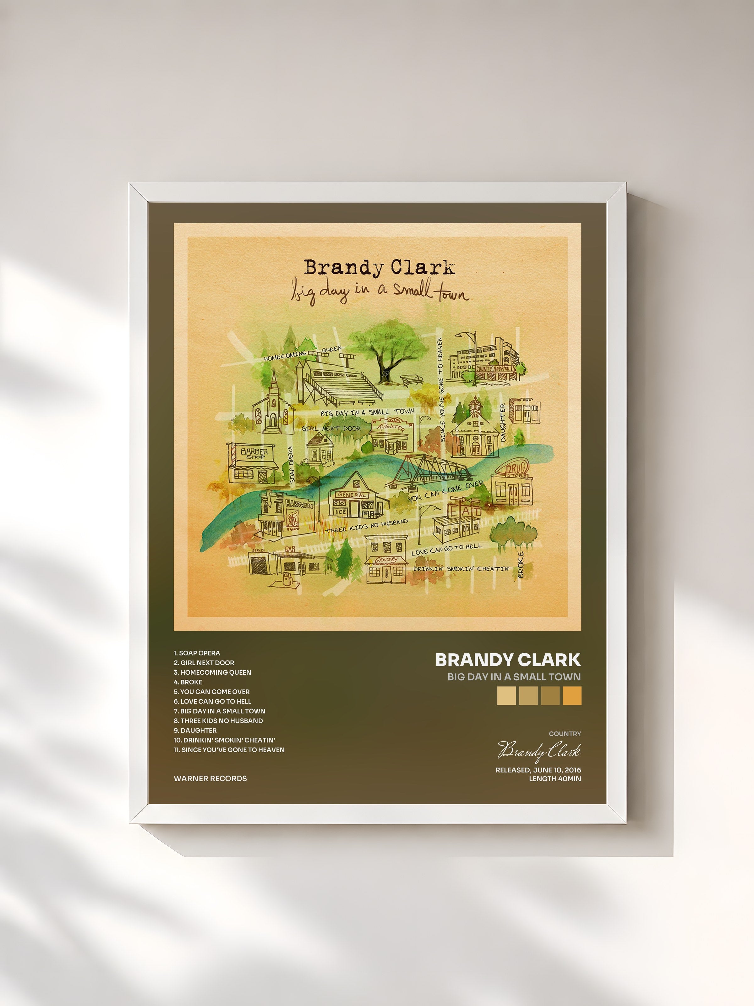 #blanc Tableau de l'album Big Day in a Small Town de Brandy Clark, cadre blanc, imprimé et encadré en France