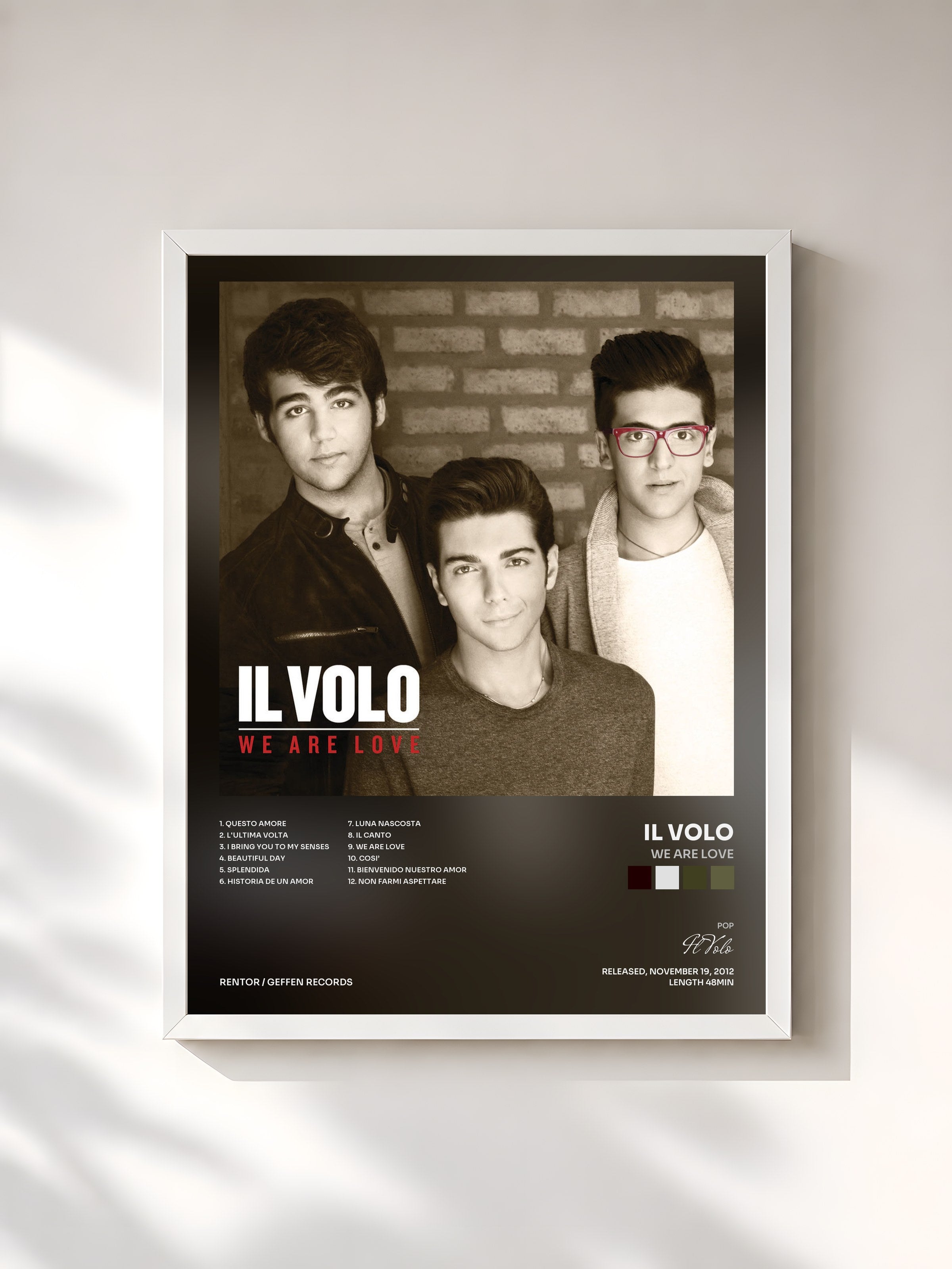 #blanc Tableau de l'album We Are Love de Il Volo, cadre blanc, imprimé et encadré en France