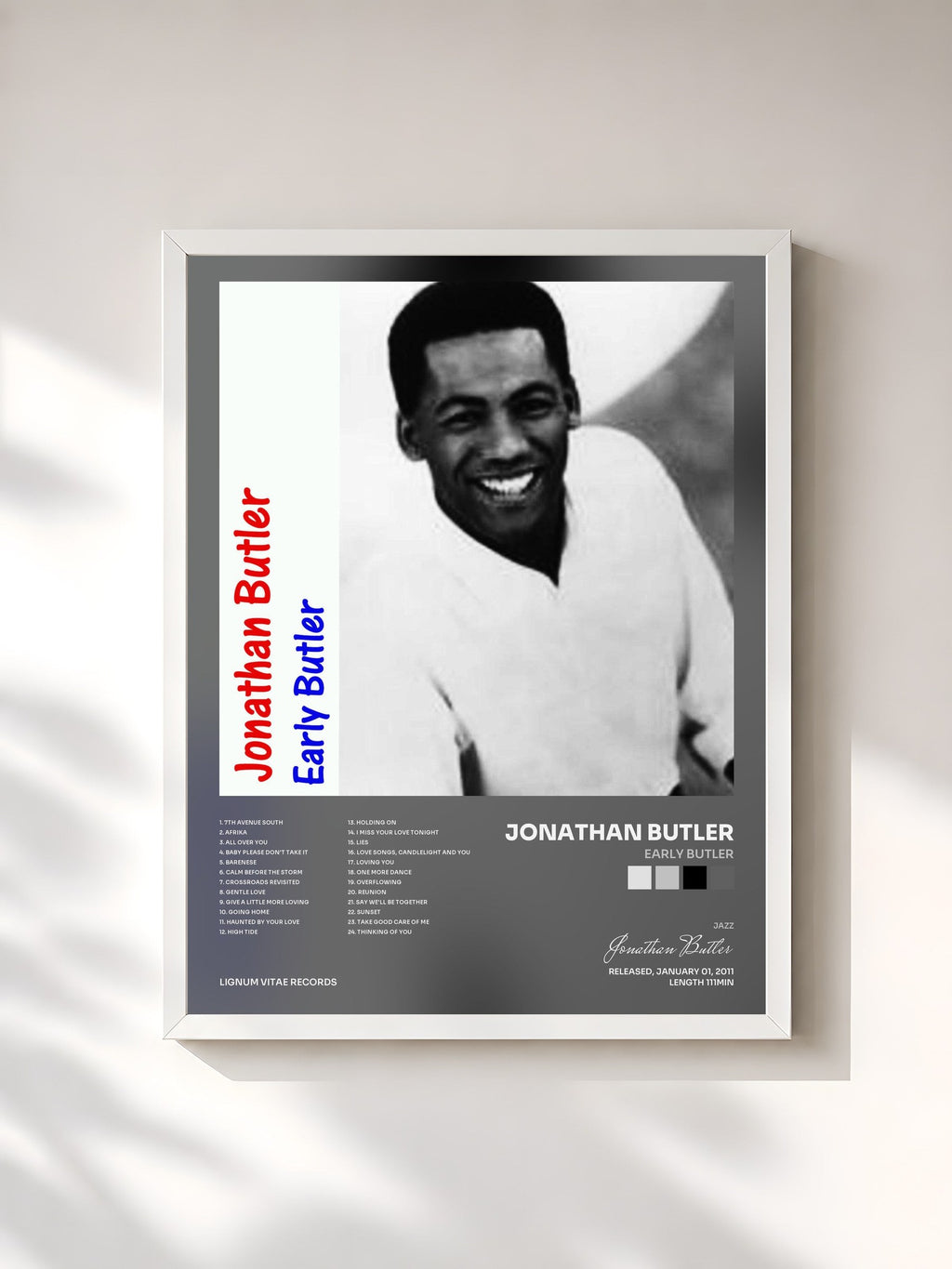#blanc Tableau de l'album Early Butler de Jonathan Butler, cadre blanc, imprimé et encadré en France