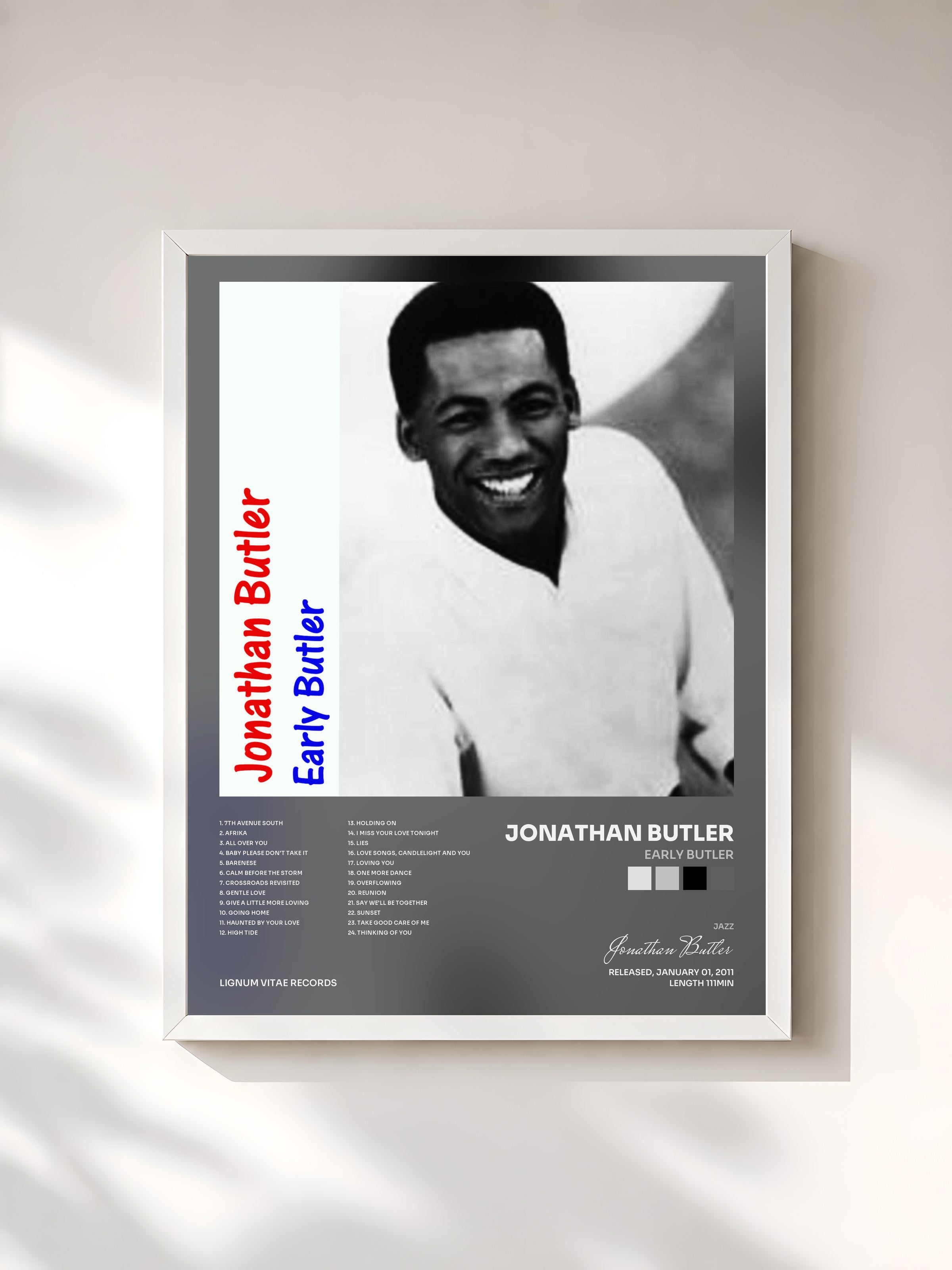 #blanc Tableau de l'album Early Butler de Jonathan Butler, cadre blanc, imprimé et encadré en France