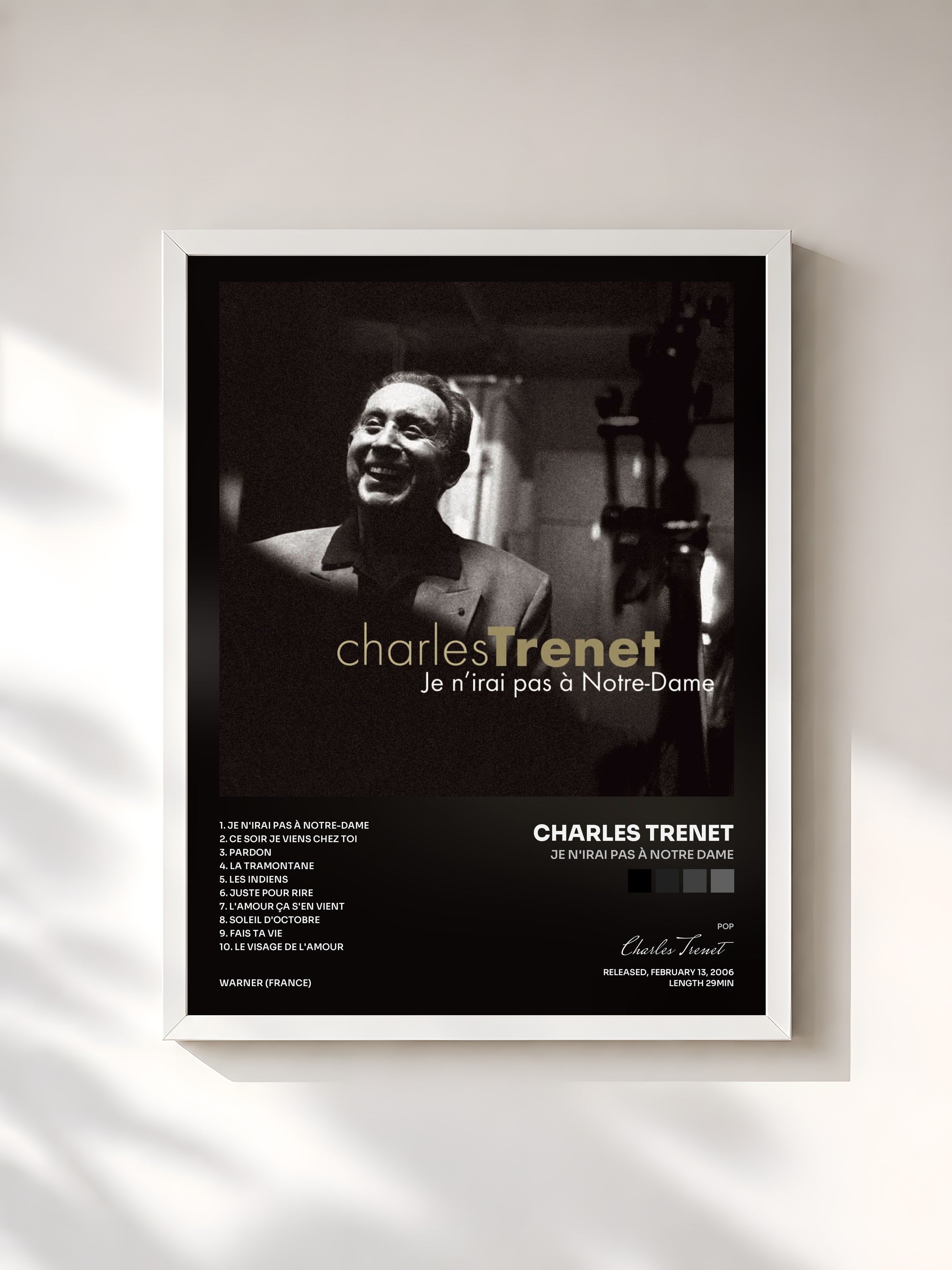 #blanc Tableau de l'album Je n'irai pas à Notre Dame de Charles Trenet, cadre blanc, imprimé et encadré en France