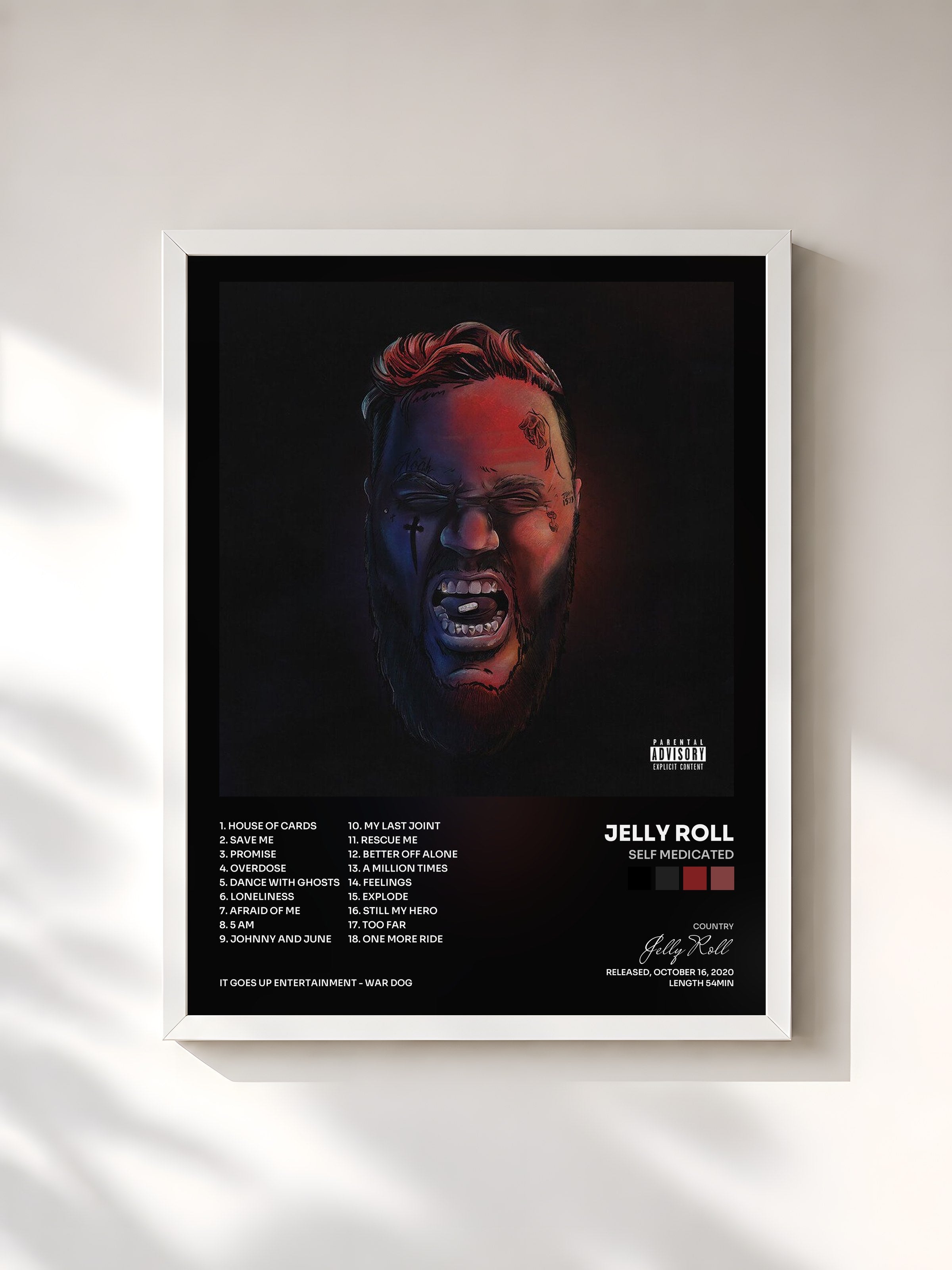 #blanc Tableau de l'album Self Medicated de Jelly Roll, cadre blanc, imprimé et encadré en France