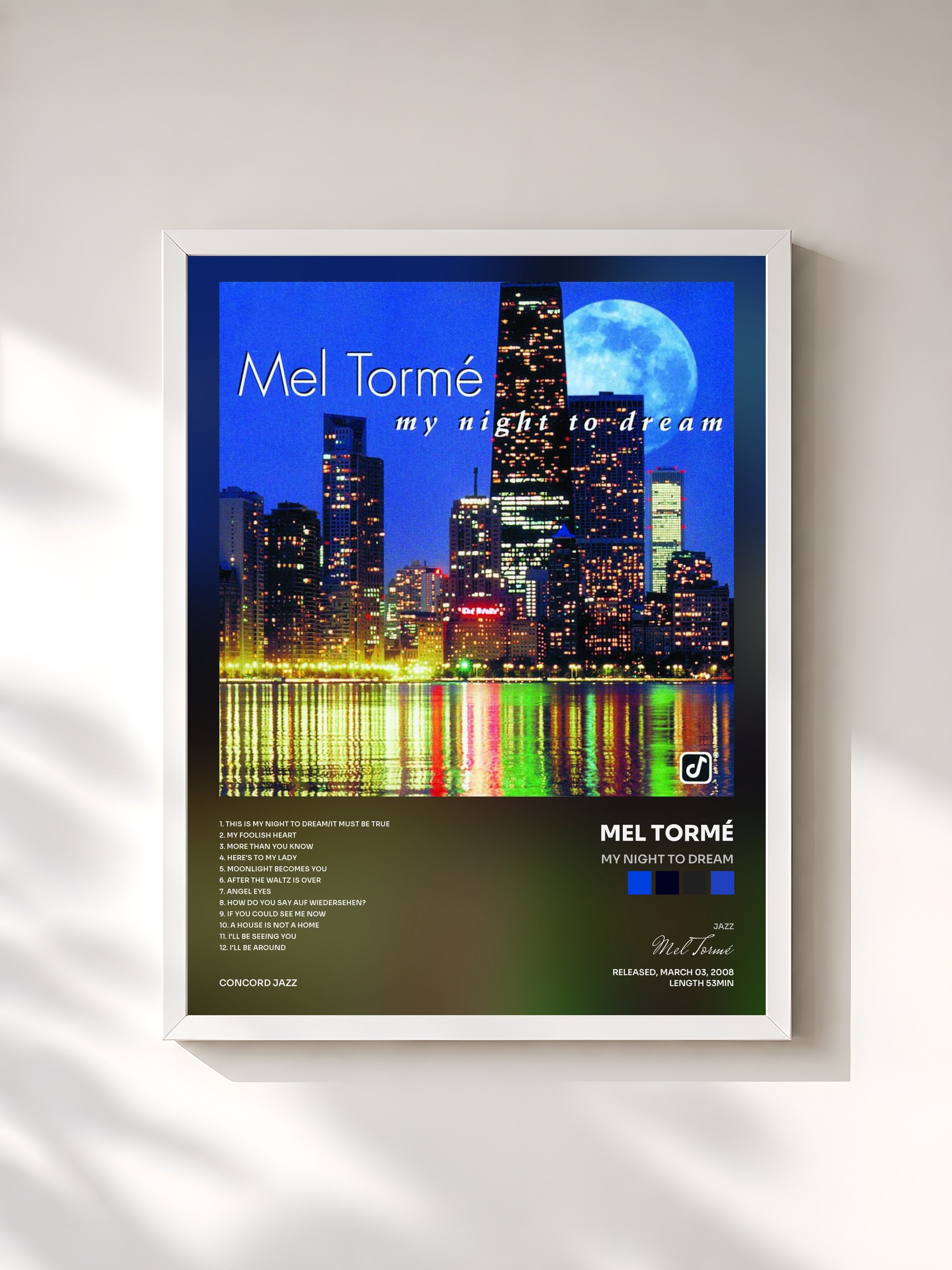 #blanc Tableau de l'album My Night To Dream de Mel Tormé, cadre blanc, imprimé et encadré en France