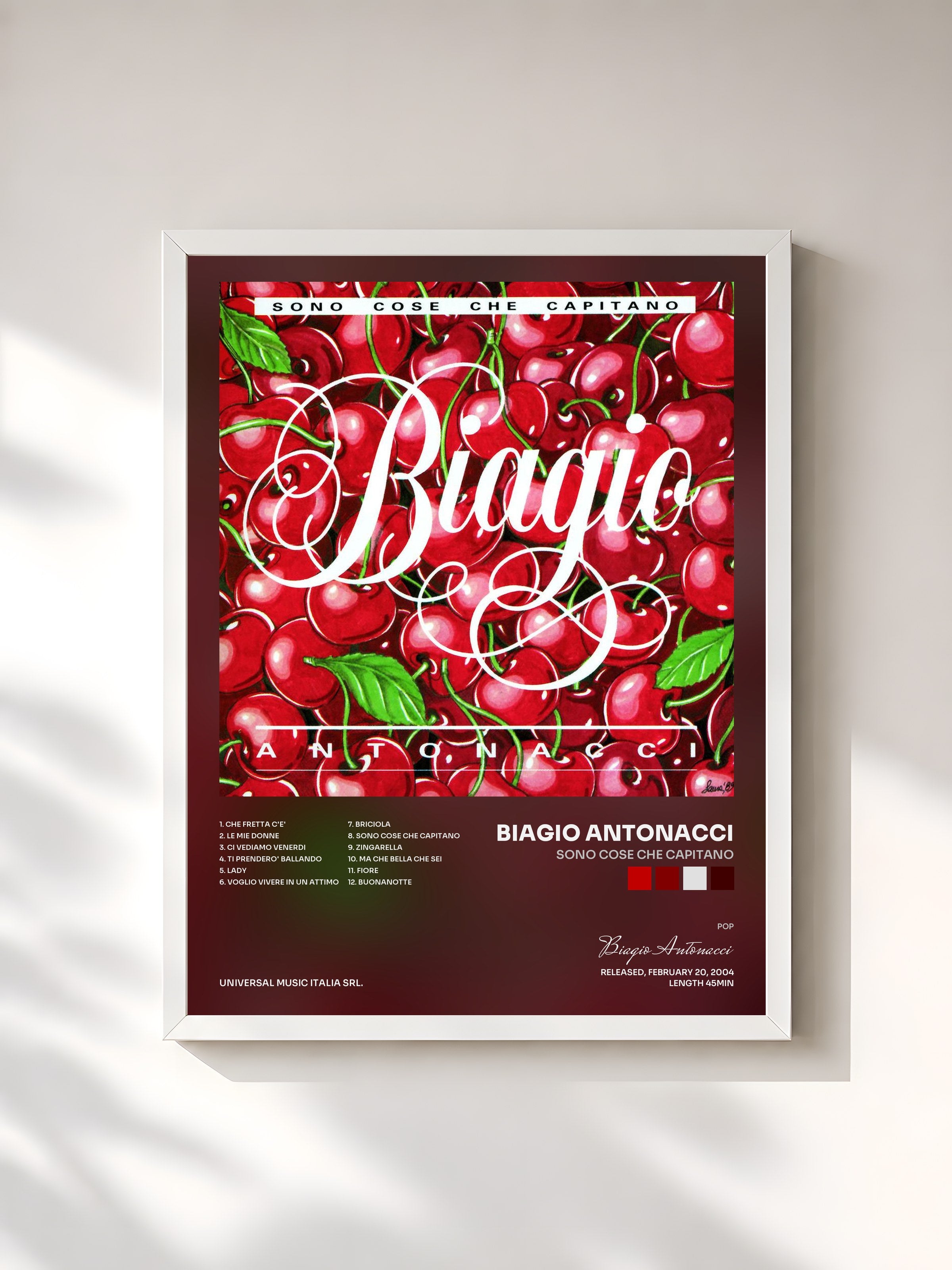 #blanc Tableau de l'album Sono Cose Che Capitano de Biagio Antonacci, cadre blanc, imprimé et encadré en France