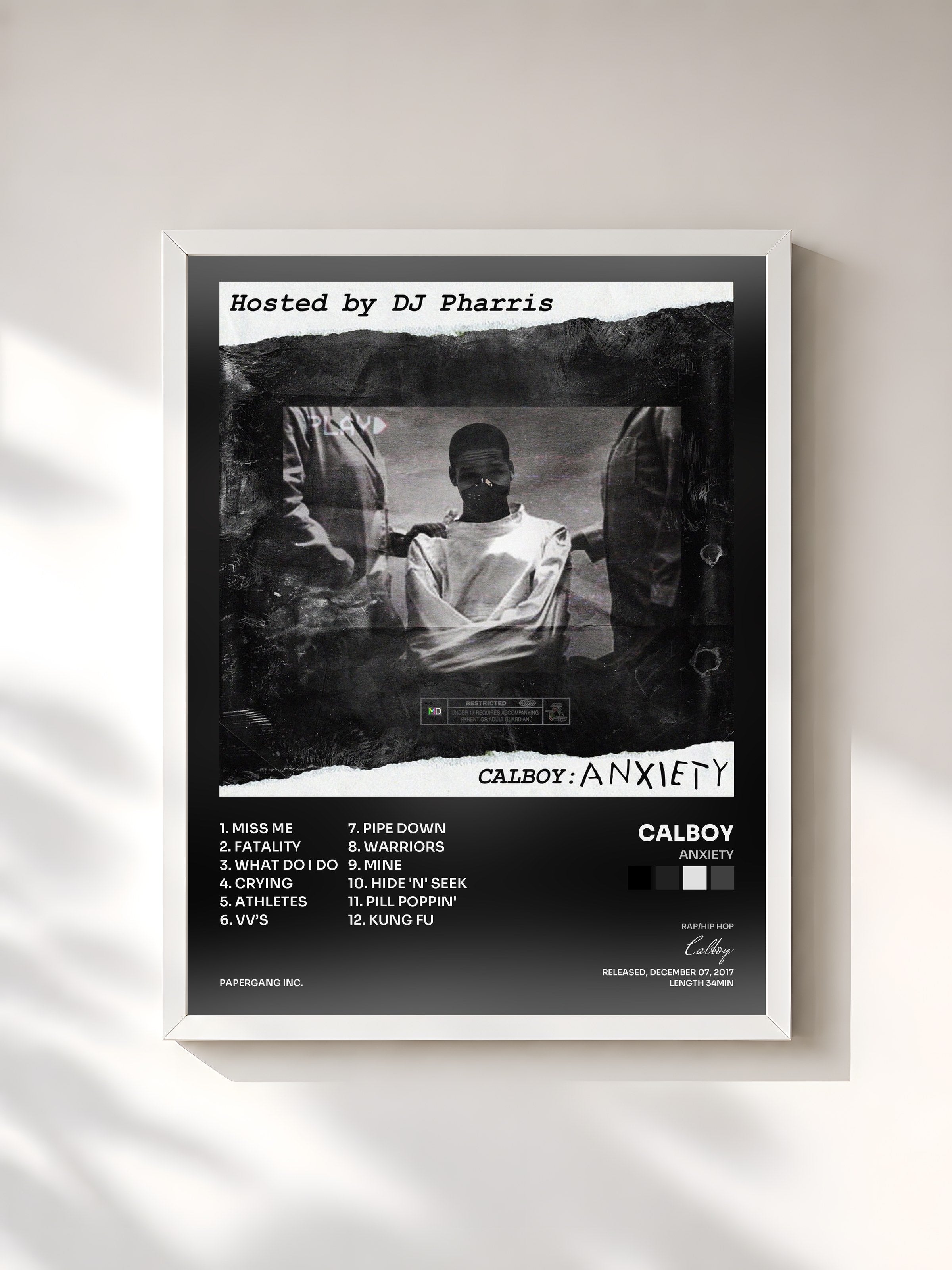 #blanc Tableau de l'album Anxiety de Calboy, cadre blanc, imprimé et encadré en France