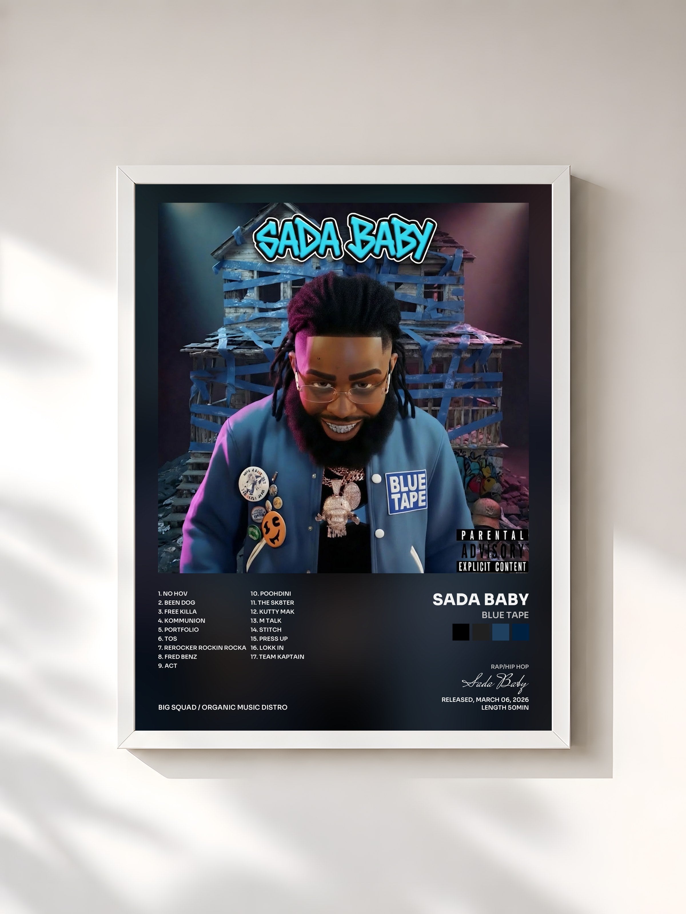 #blanc Tableau de l'album BLUE TAPE de Sada Baby, cadre blanc, imprimé et encadré en France