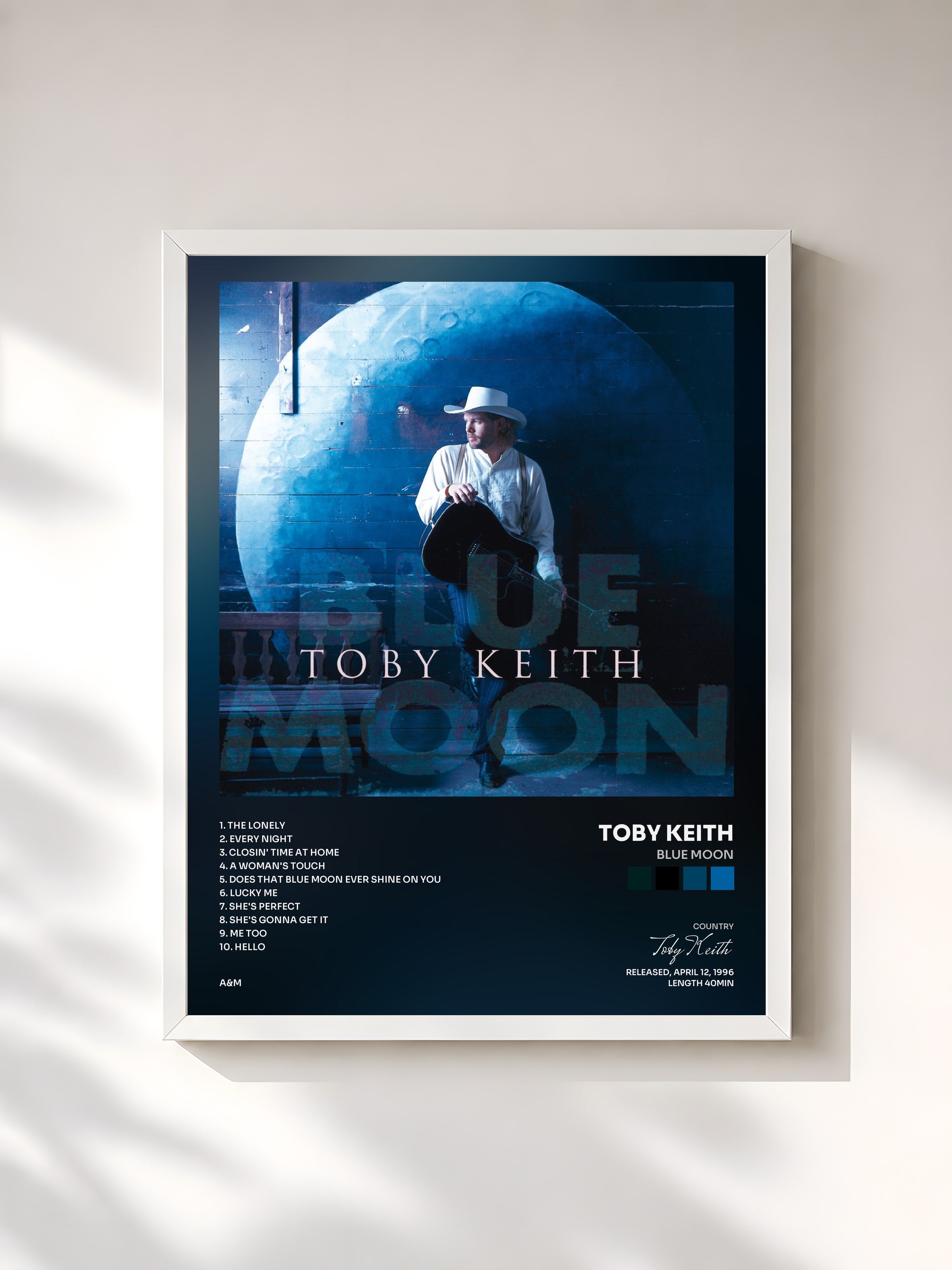 #blanc Tableau de l'album Blue Moon de Toby Keith, cadre blanc, imprimé et encadré en France