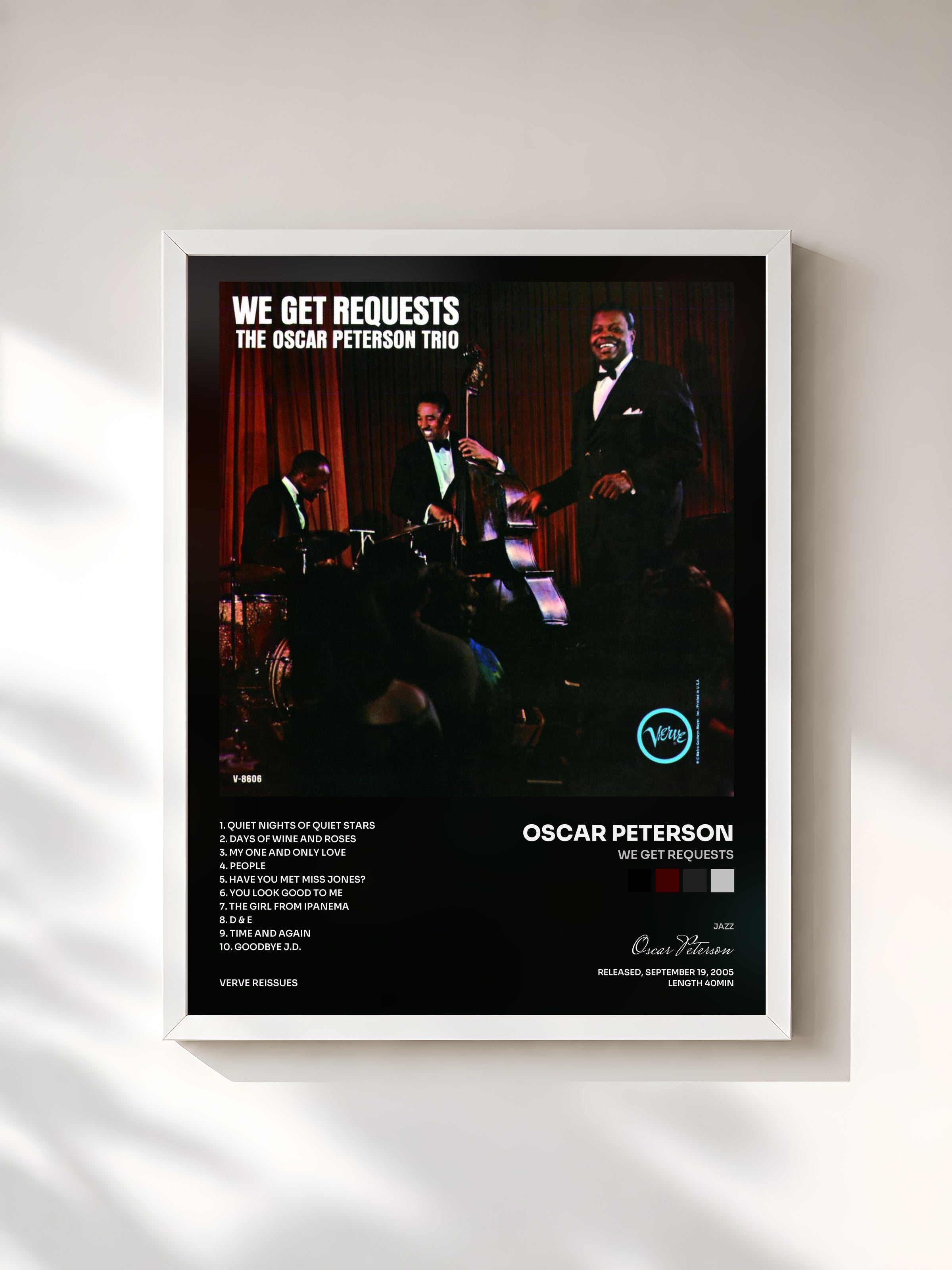 #blanc Tableau de l'album We Get Requests de Oscar Peterson, cadre blanc, imprimé et encadré en France