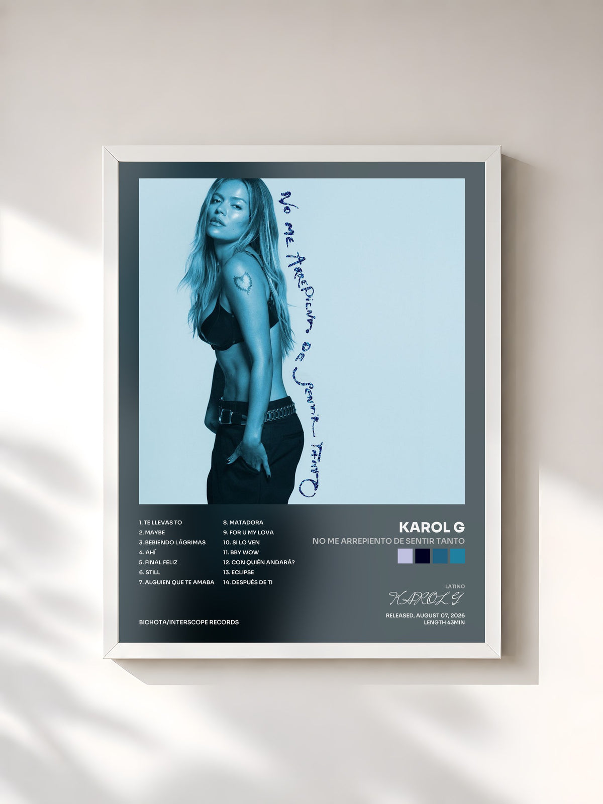 #blanc Tableau de l'album NO ME ARREPIENTO DE SENTIR TANTO de KAROL G, cadre blanc, imprimé et encadré en France