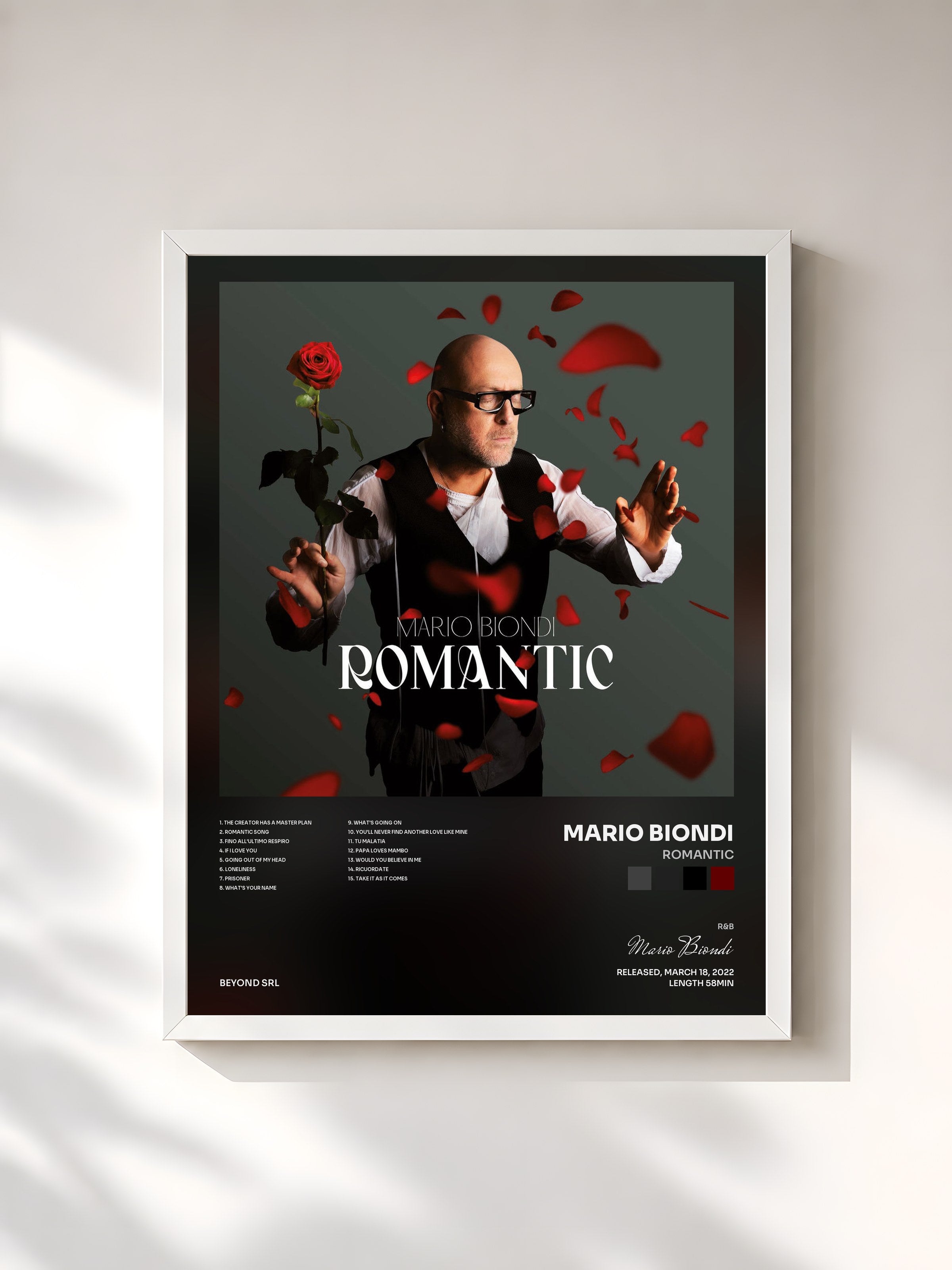 #blanc Tableau de l'album Romantic de Mario Biondi, cadre blanc, imprimé et encadré en France