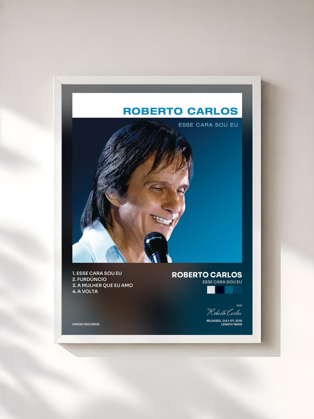 #blanc Tableau de l'album Esse Cara Sou Eu de Roberto Carlos, cadre blanc, imprimé et encadré en France