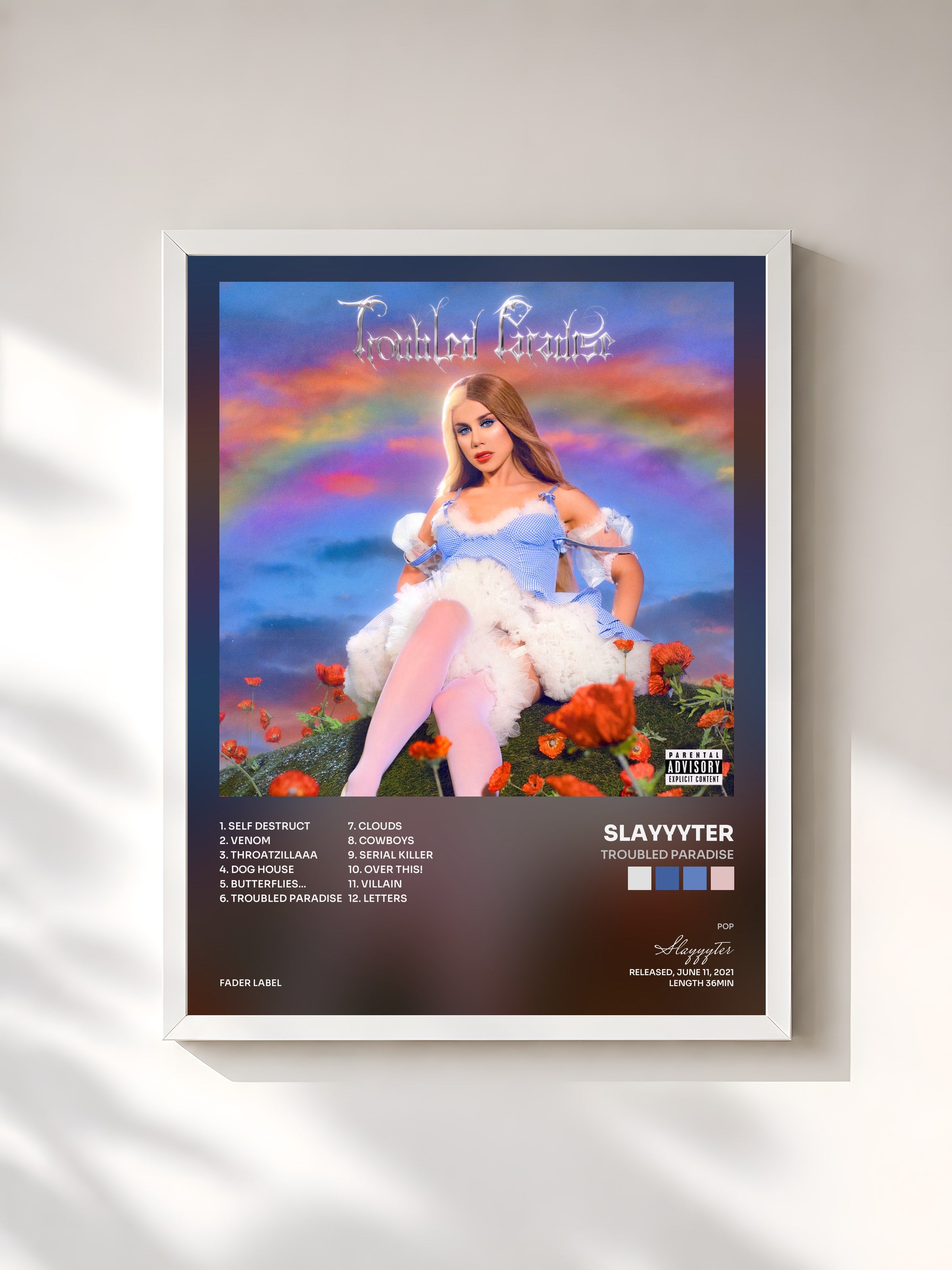 #blanc Tableau de l'album Troubled Paradise de Slayyyter, cadre blanc, imprimé et encadré en France