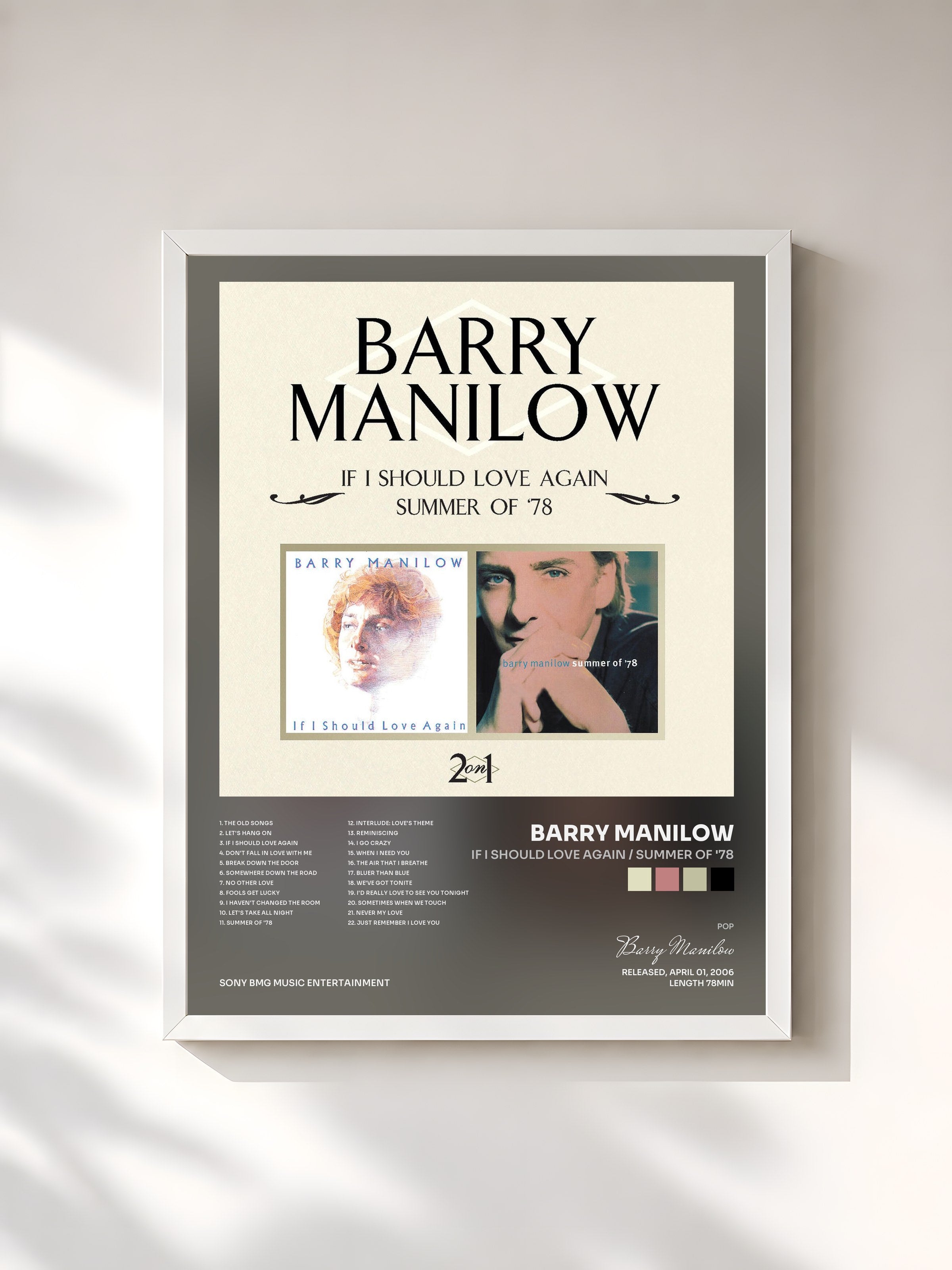 #blanc Tableau de l'album If I Should Love Again / Summer Of '78 de Barry Manilow, cadre blanc, imprimé et encadré en France