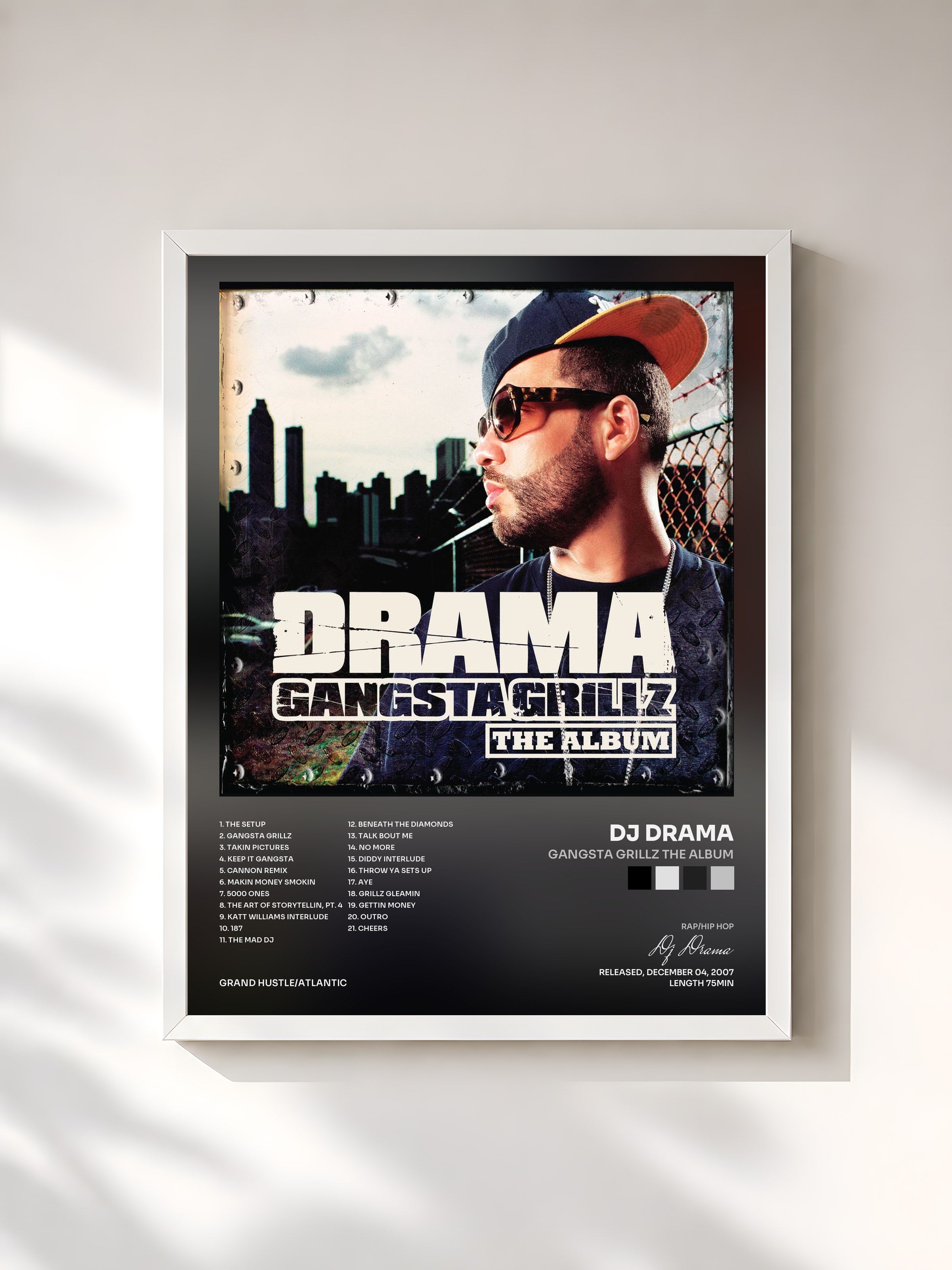 #blanc Tableau de l'album Gangsta Grillz The Album de Dj Drama, cadre blanc, imprimé et encadré en France