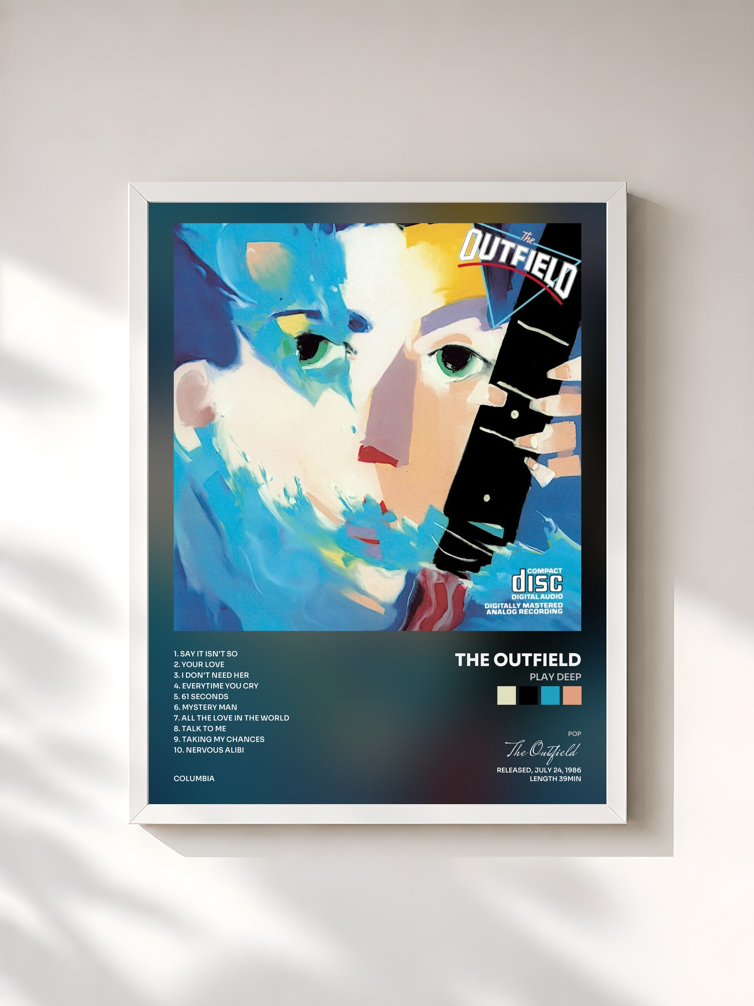 #blanc Tableau de l'album Play Deep de The Outfield, cadre blanc, imprimé et encadré en France