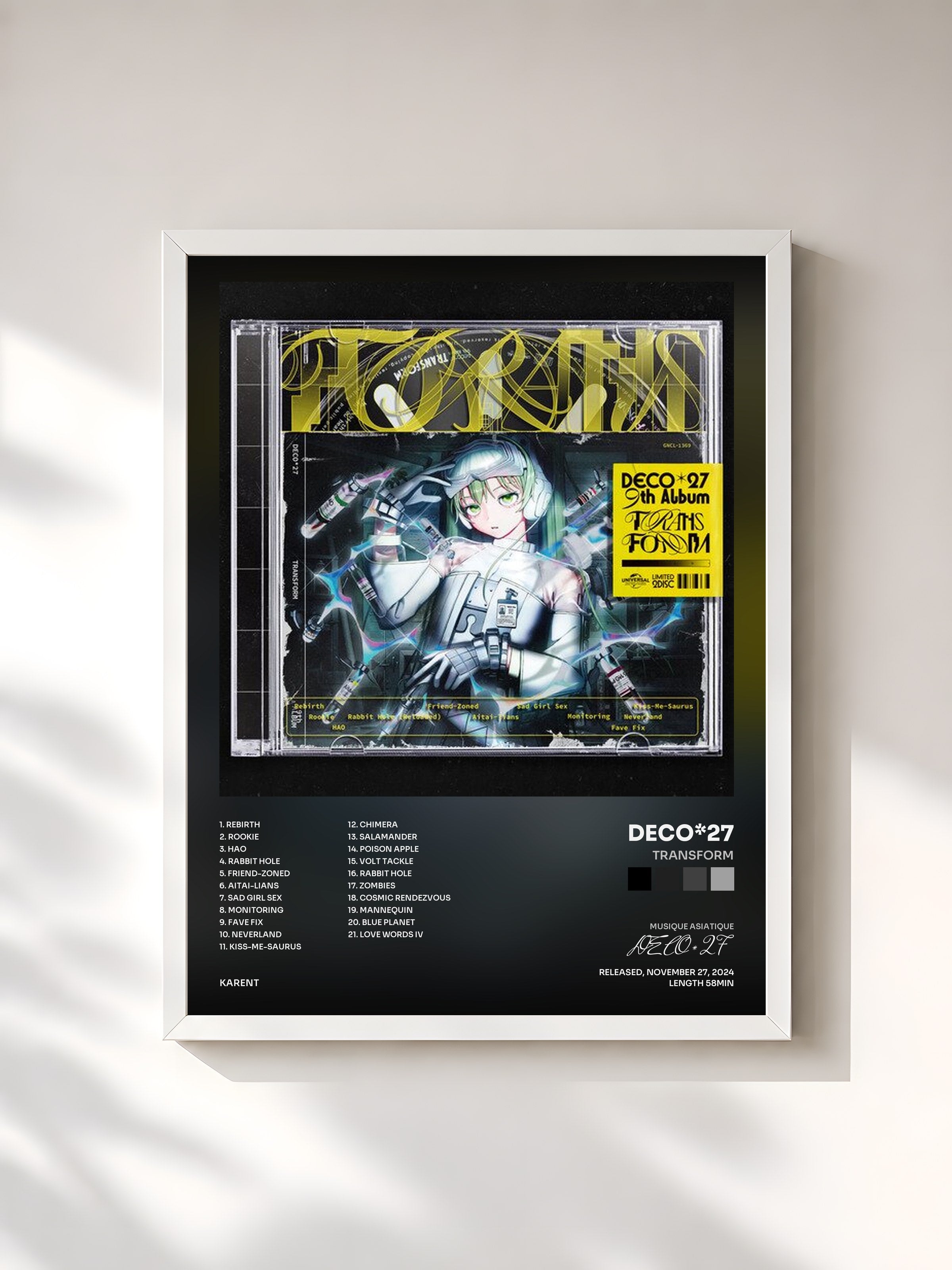 #blanc Tableau de l'album TRANSFORM de DECO*27, cadre blanc, imprimé et encadré en France