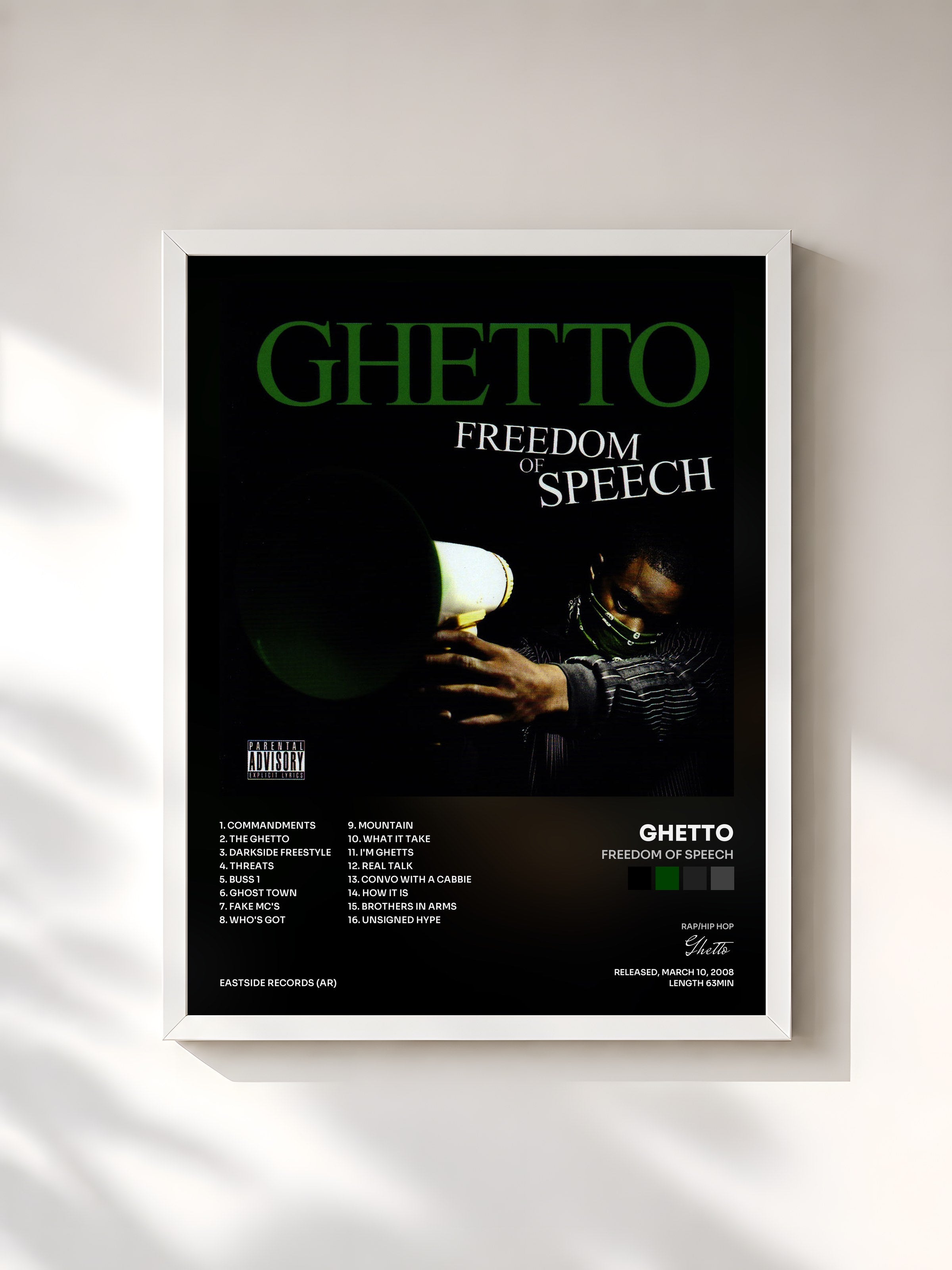 #blanc Tableau de l'album Freedom of Speech de Ghetto, cadre blanc, imprimé et encadré en France