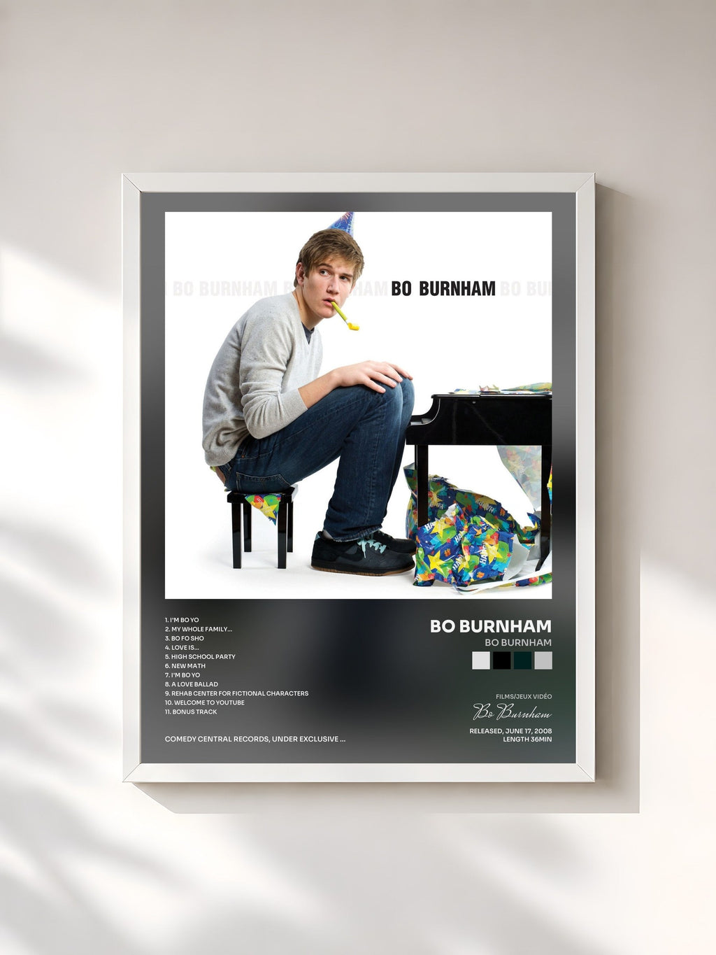 #blanc Bo Burnham by Bo Burnham as a framed art print, white frame, printed and framed in France
