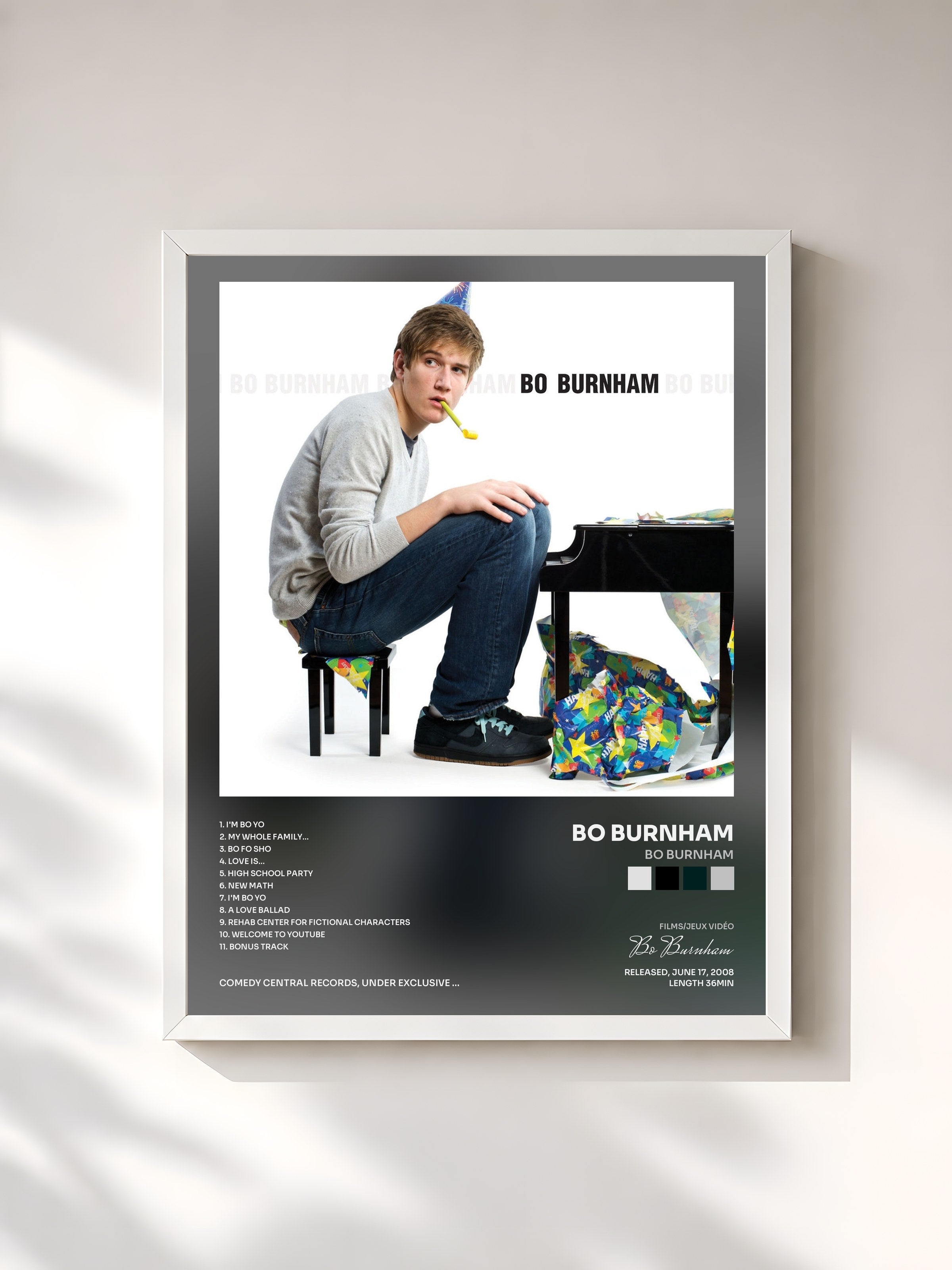 #blanc Tableau de l'album Bo Burnham de Bo Burnham, cadre blanc, imprimé et encadré en France