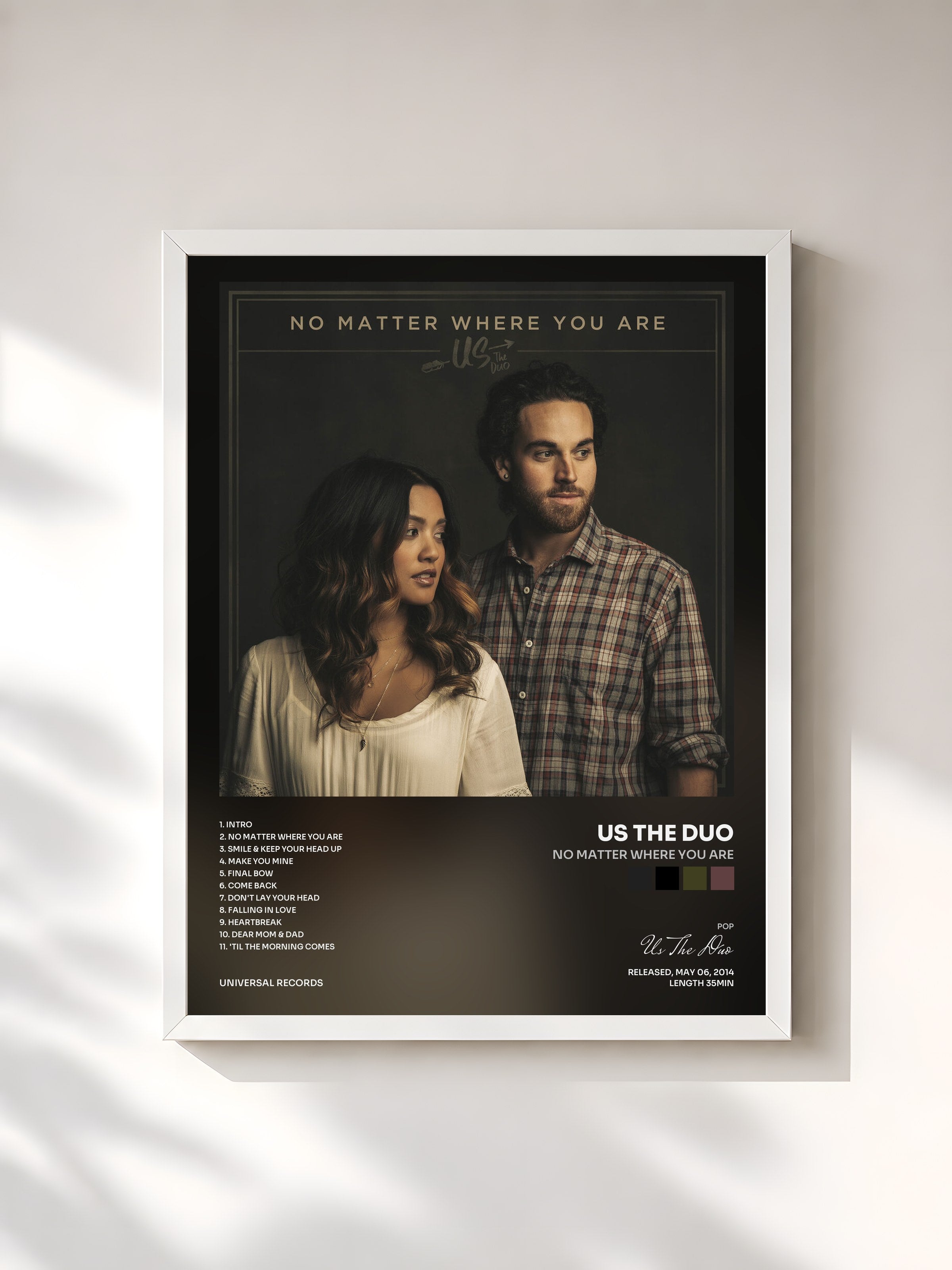#blanc Tableau de l'album No Matter Where You Are de Us The Duo, cadre blanc, imprimé et encadré en France