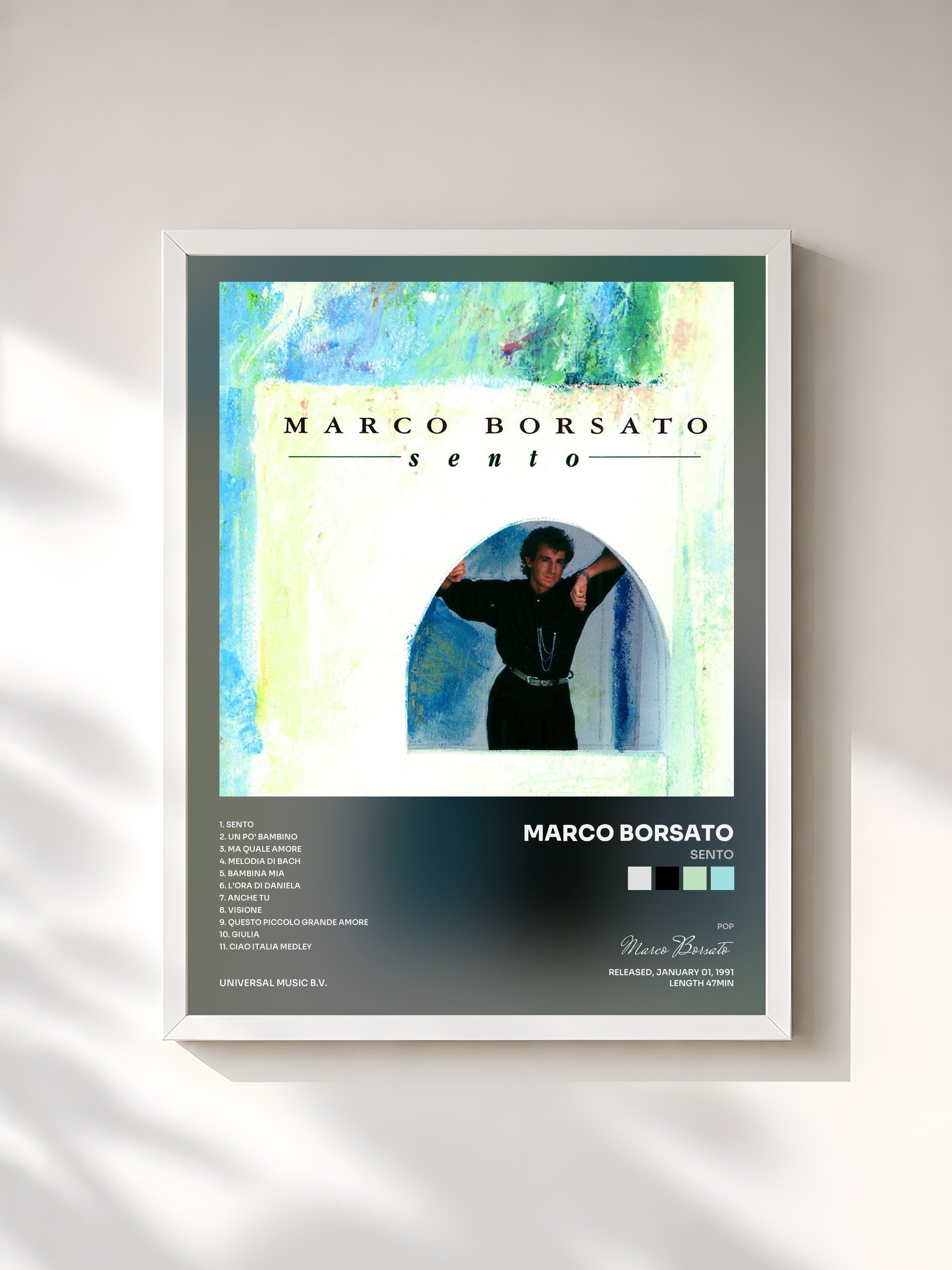 #blanc Tableau de l'album Sento de Marco Borsato, cadre blanc, imprimé et encadré en France