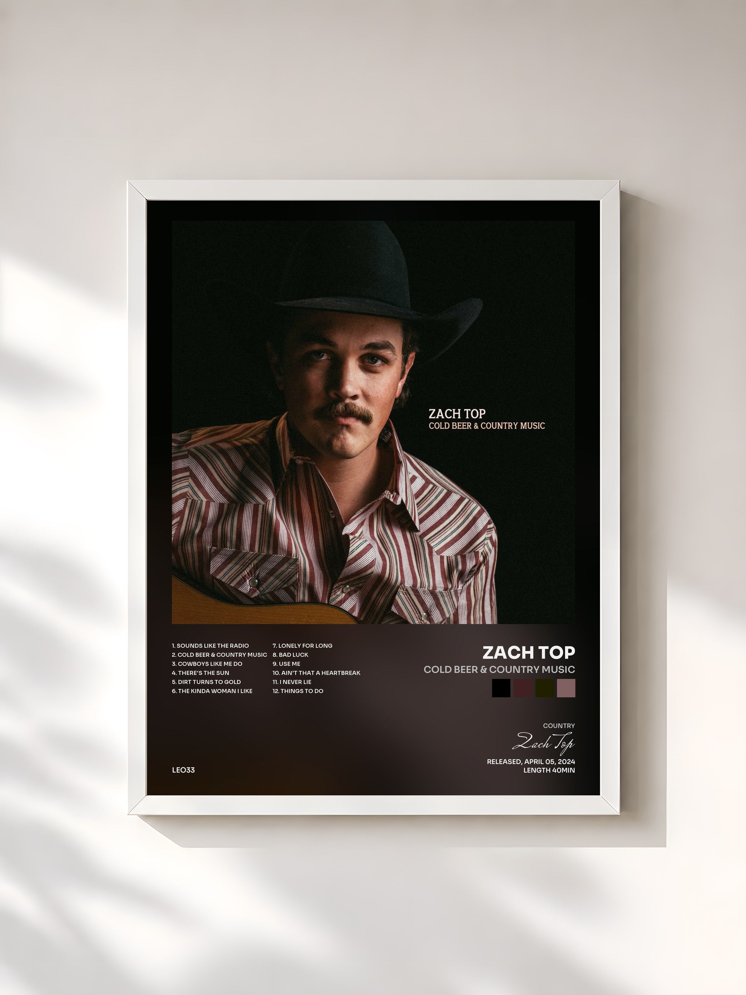 #blanc Tableau de l'album Cold Beer & Country Music de Zach Top, cadre blanc, imprimé et encadré en France