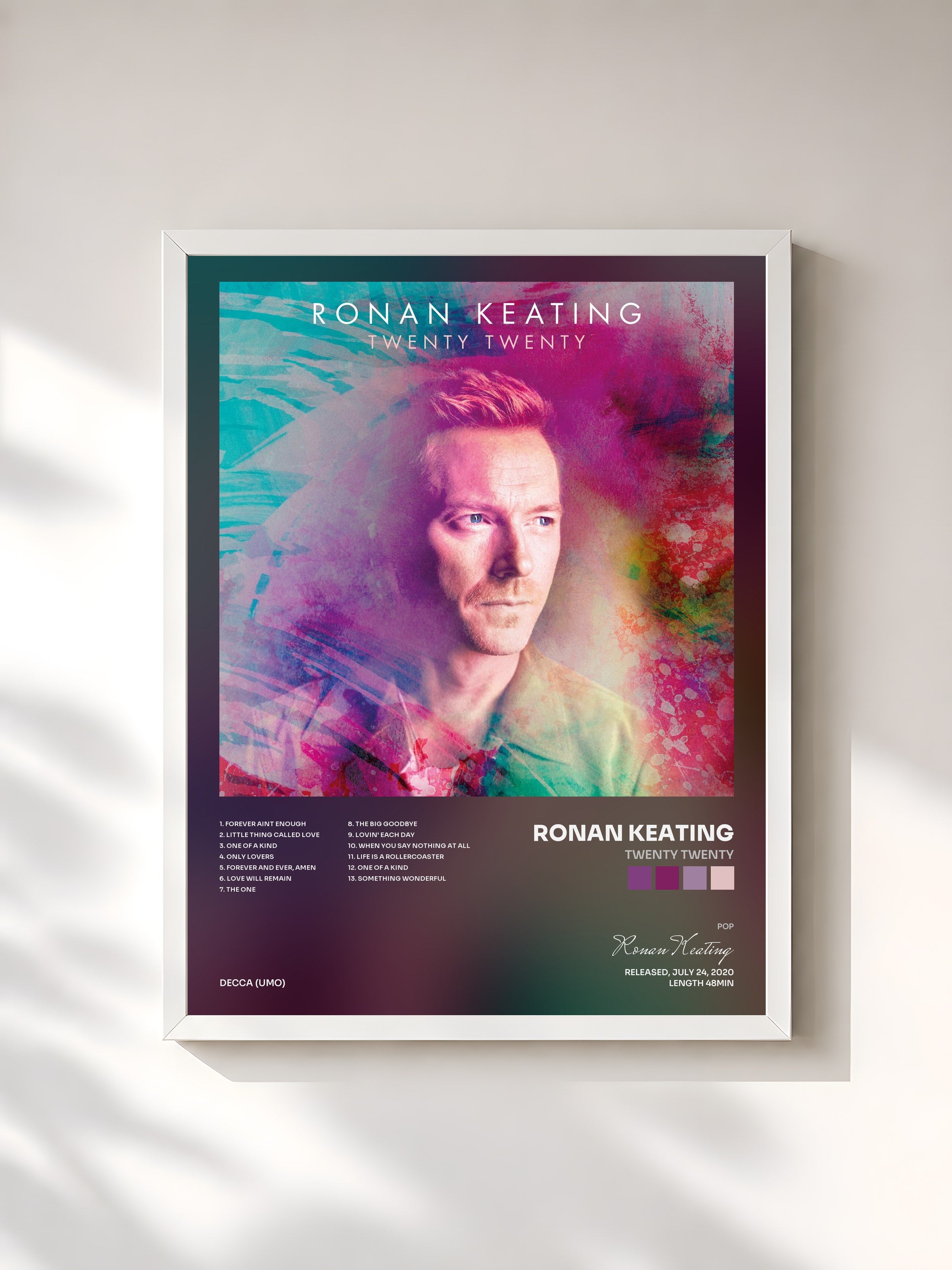 #blanc Tableau de l'album Twenty Twenty de Ronan Keating, cadre blanc, imprimé et encadré en France