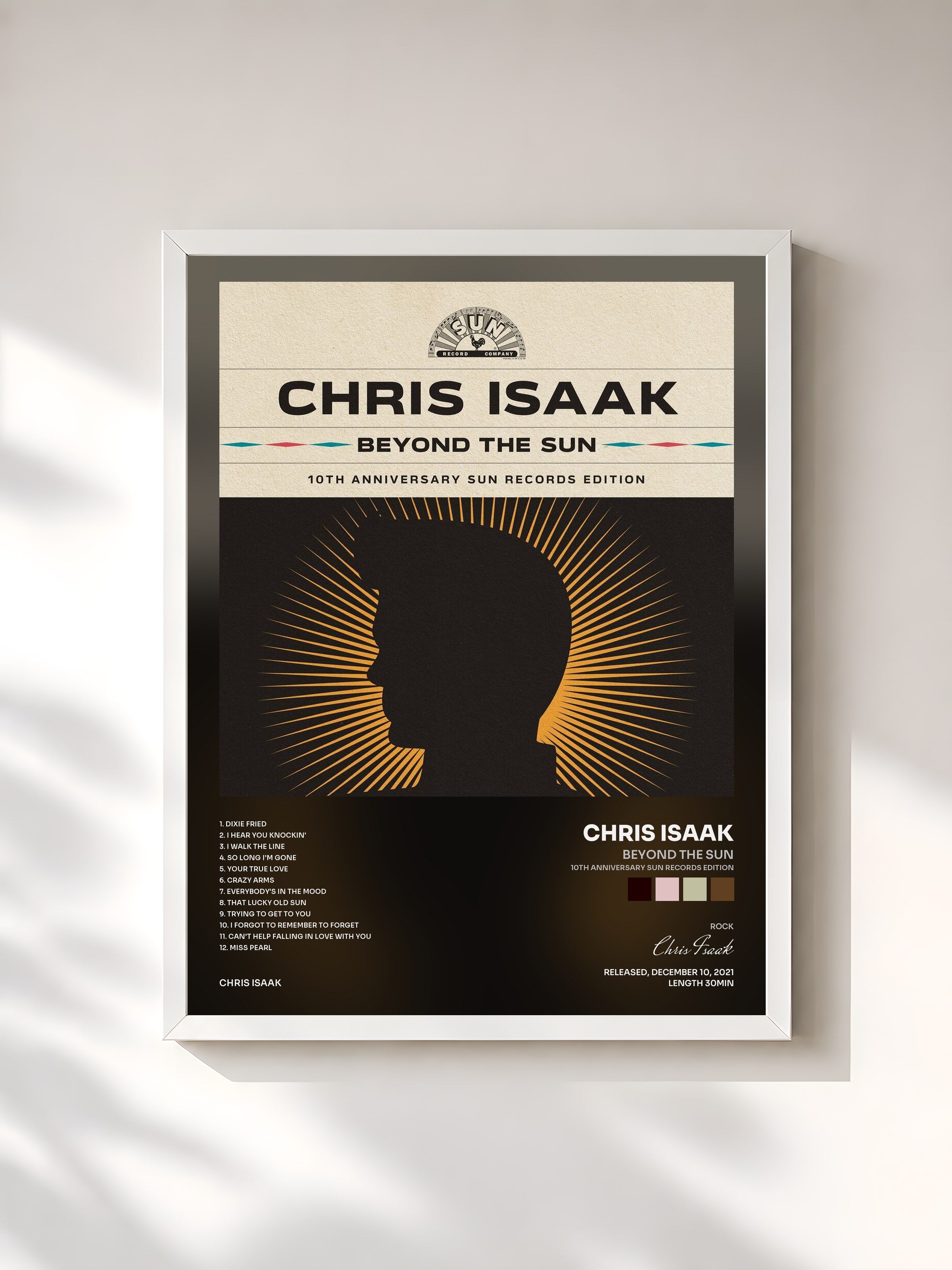 #blanc Tableau de l'album Beyond The Sun (10th Anniversary Sun Records Edition) de Chris Isaak, cadre blanc, imprimé et encadré en France