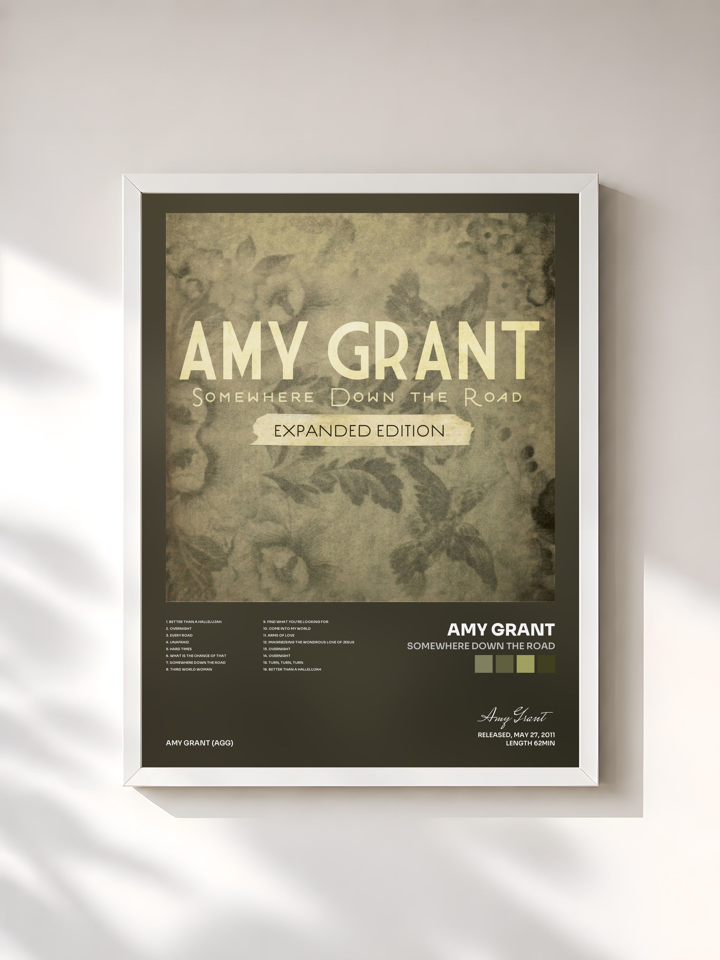 #blanc Tableau de l'album Somewhere Down The Road de Amy Grant, cadre blanc, imprimé et encadré en France