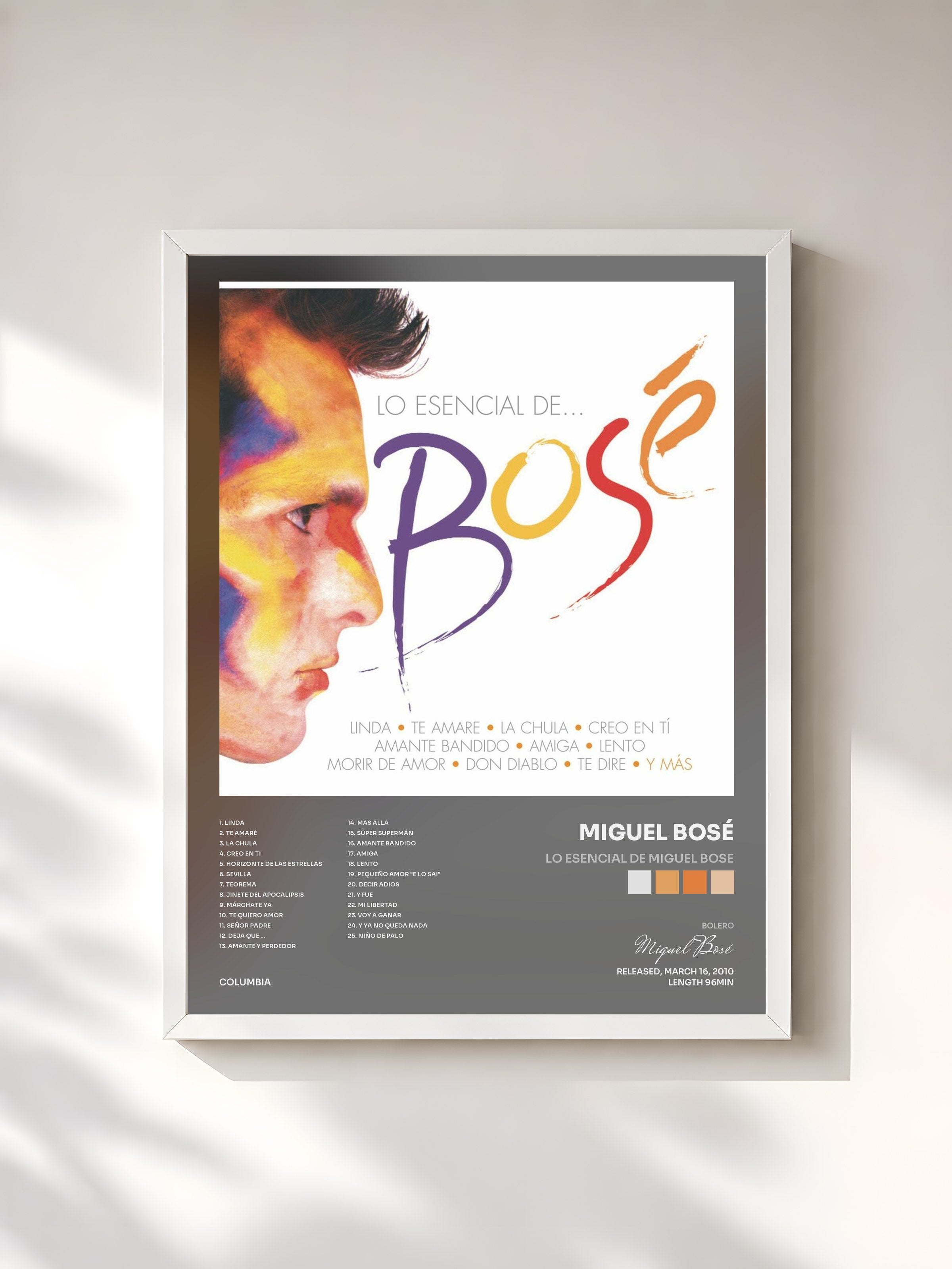 #blanc Tableau de l'album Lo Esencial de Miguel Bose de Miguel Bosé, cadre blanc, imprimé et encadré en France