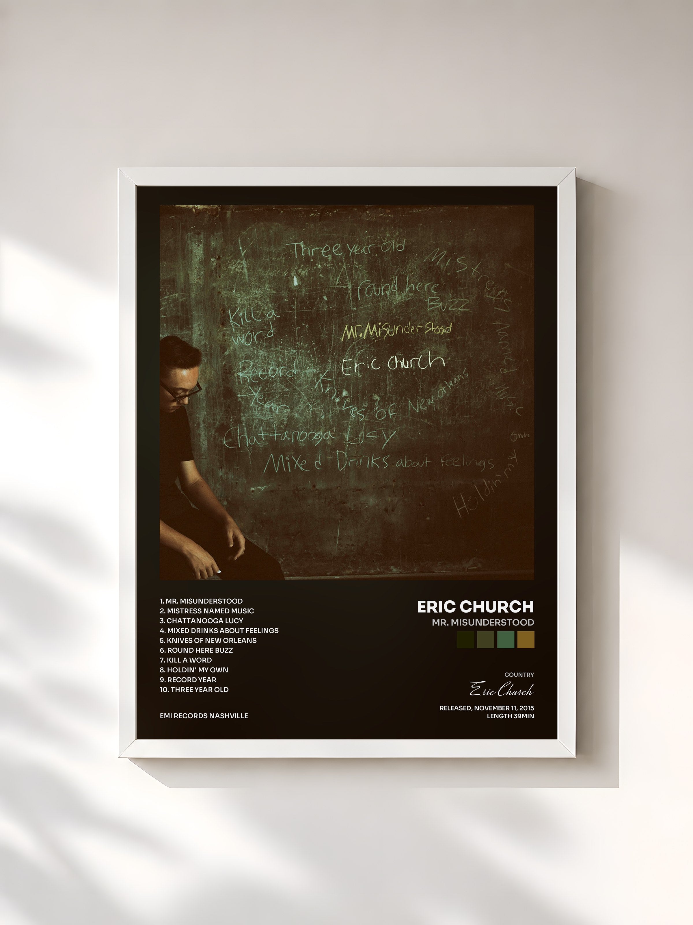 #blanc Tableau de l'album Mr. Misunderstood de Eric Church, cadre blanc, imprimé et encadré en France