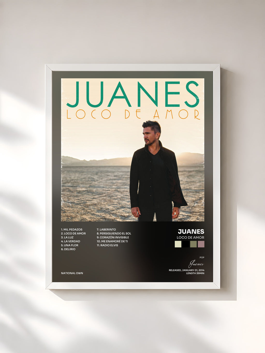#blanc Tableau de l'album Loco De Amor de Juanes, cadre blanc, imprimé et encadré en France