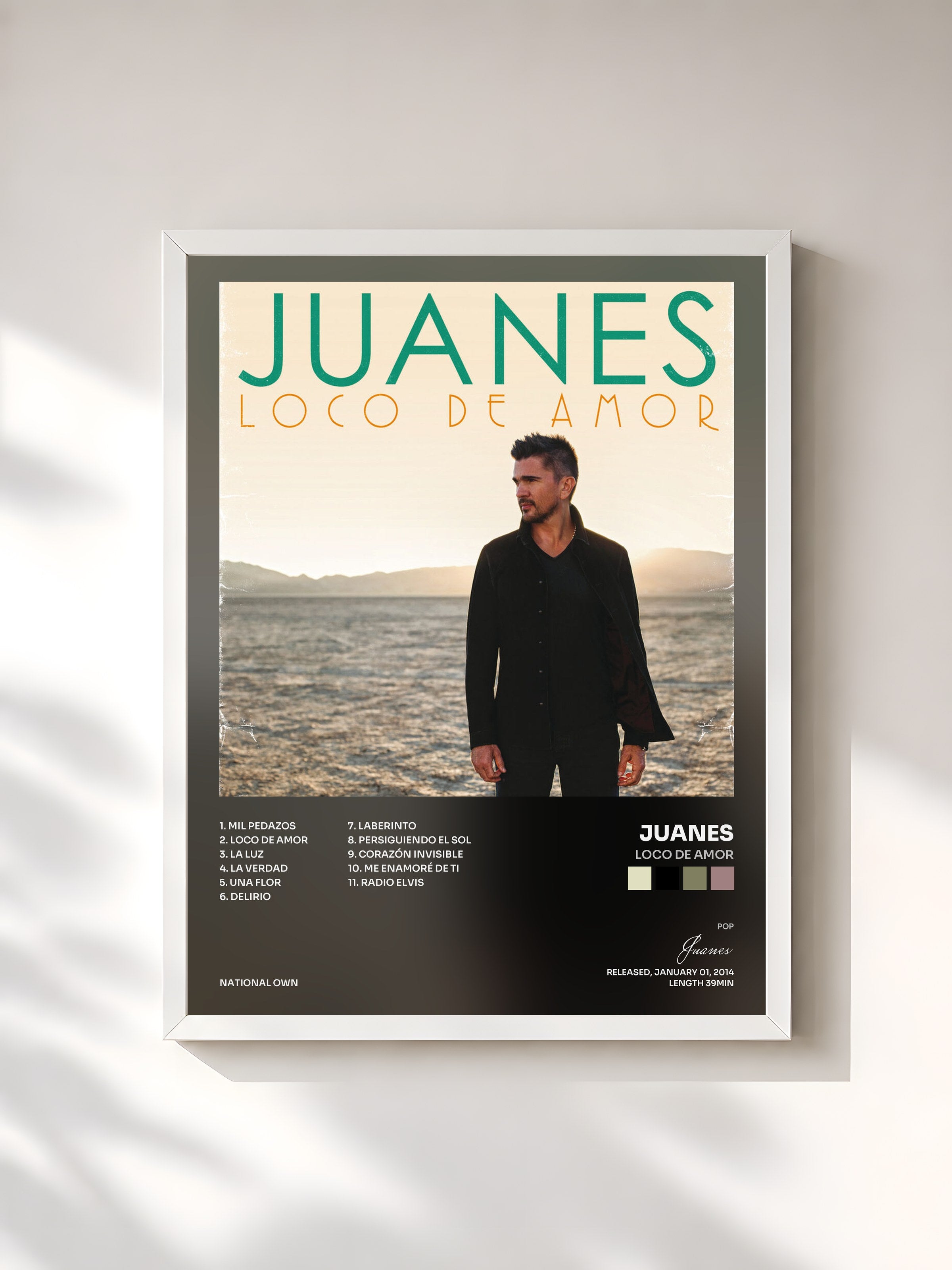 #blanc Tableau de l'album Loco De Amor de Juanes, cadre blanc, imprimé et encadré en France