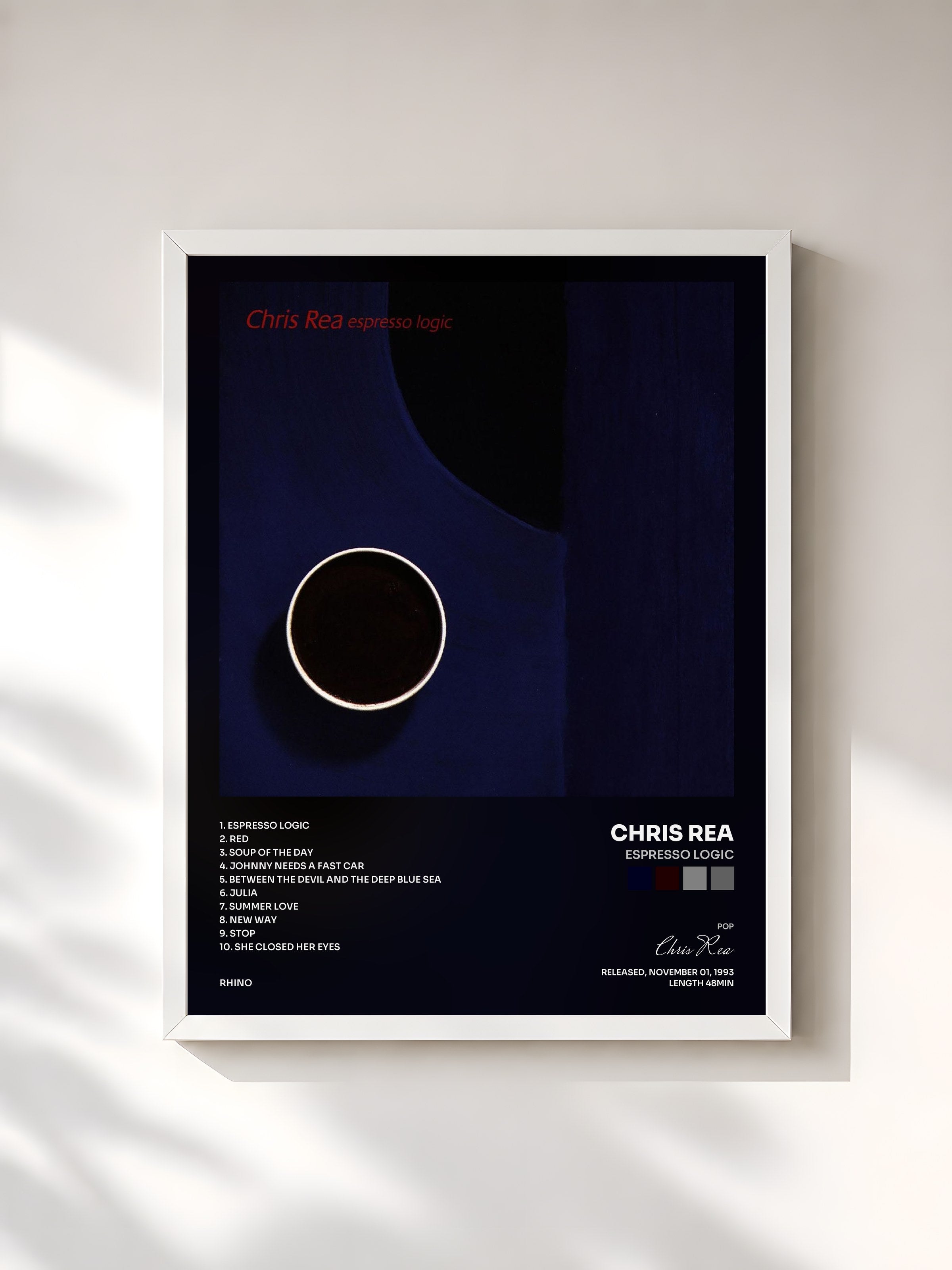 #blanc Tableau de l'album Espresso Logic de Chris Rea, cadre blanc, imprimé et encadré en France