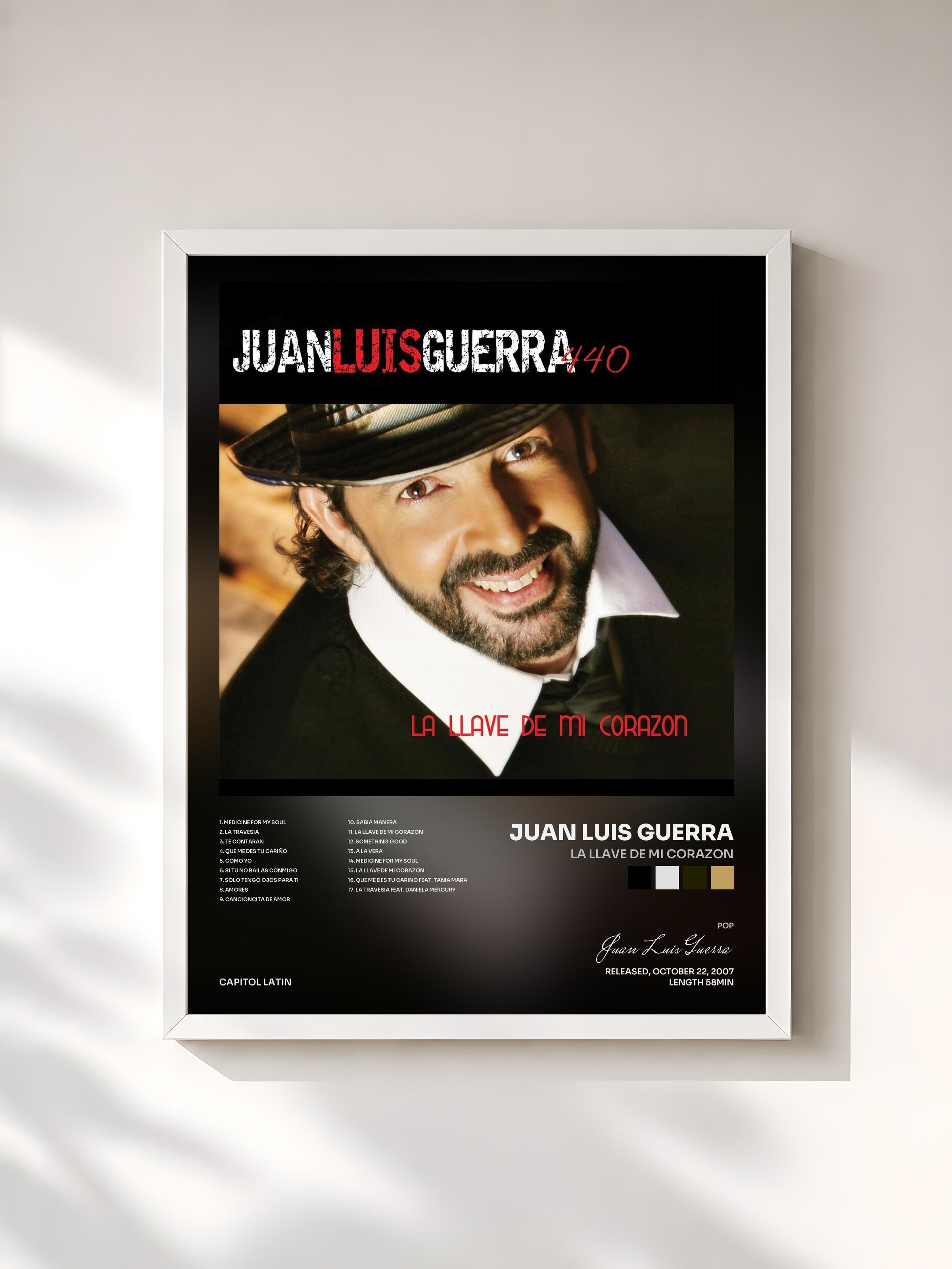 #blanc Tableau de l'album La Llave De Mi Corazon de Juan Luis Guerra, cadre blanc, imprimé et encadré en France