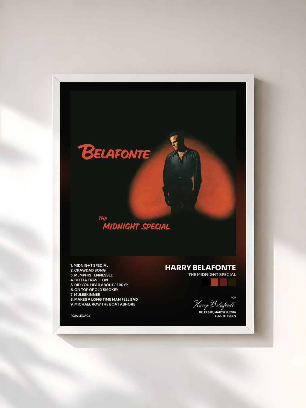 #blanc Tableau de l'album The Midnight Special de Harry Belafonte, cadre blanc, imprimé et encadré en France