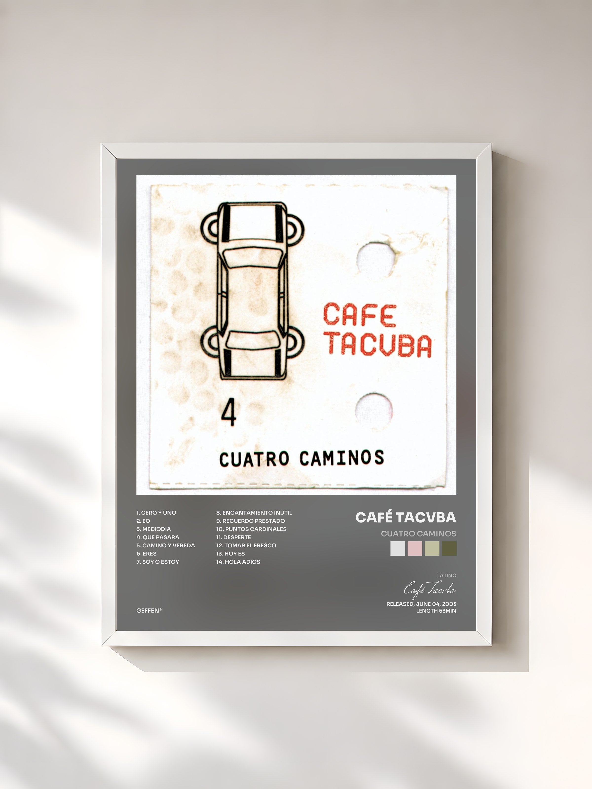 #blanc Tableau de l'album Cuatro Caminos de Café Tacvba, cadre blanc, imprimé et encadré en France