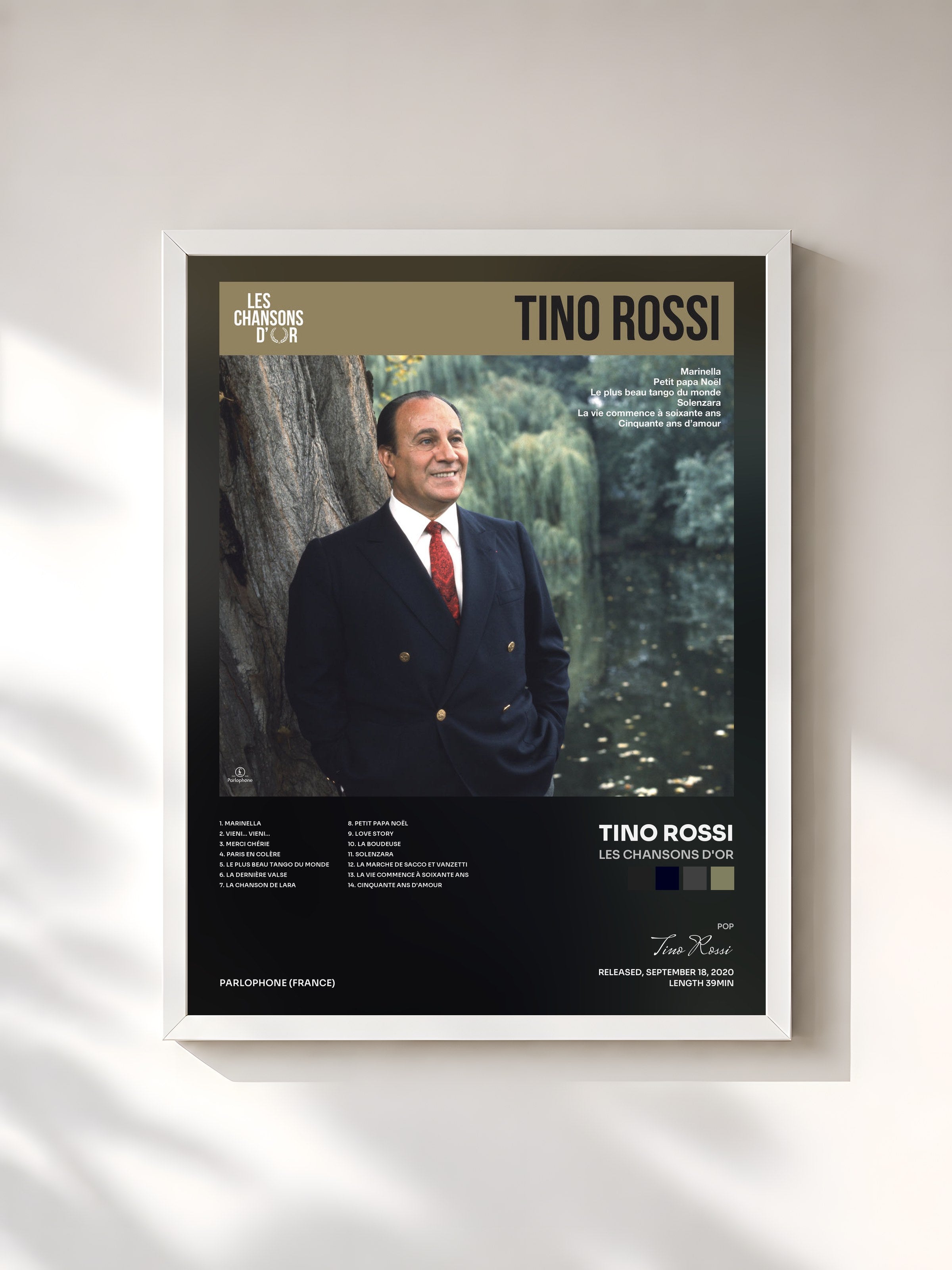 #blanc Tableau de l'album Les chansons d'or de Tino Rossi, cadre blanc, imprimé et encadré en France