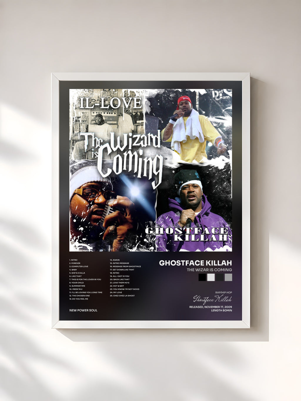 #blanc Tableau de l'album The Wizar Is Coming de Ghostface Killah, cadre blanc, imprimé et encadré en France
