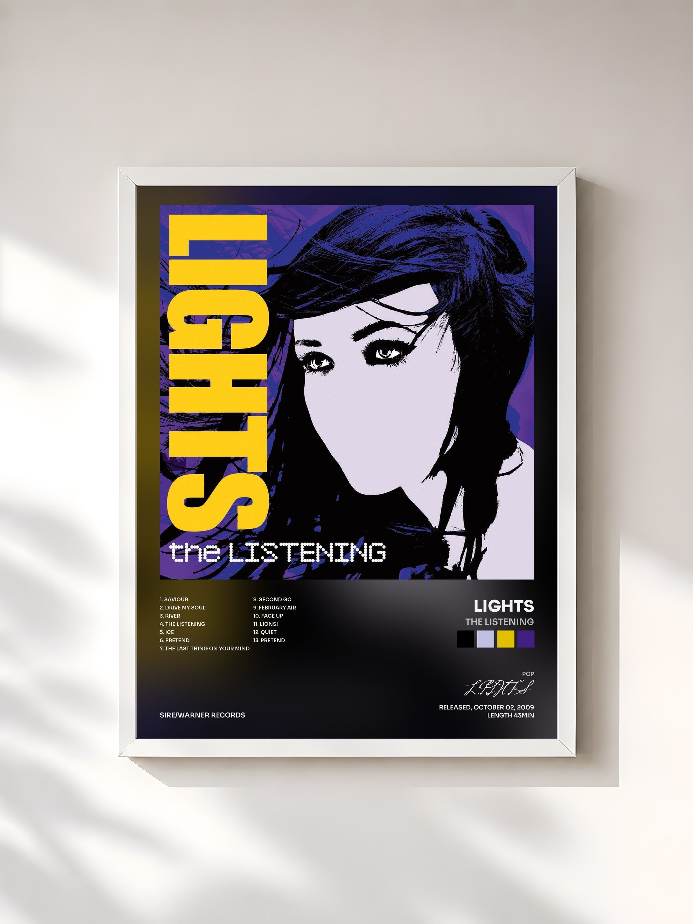#blanc Tableau de l'album The Listening de LIGHTS, cadre blanc, imprimé et encadré en France