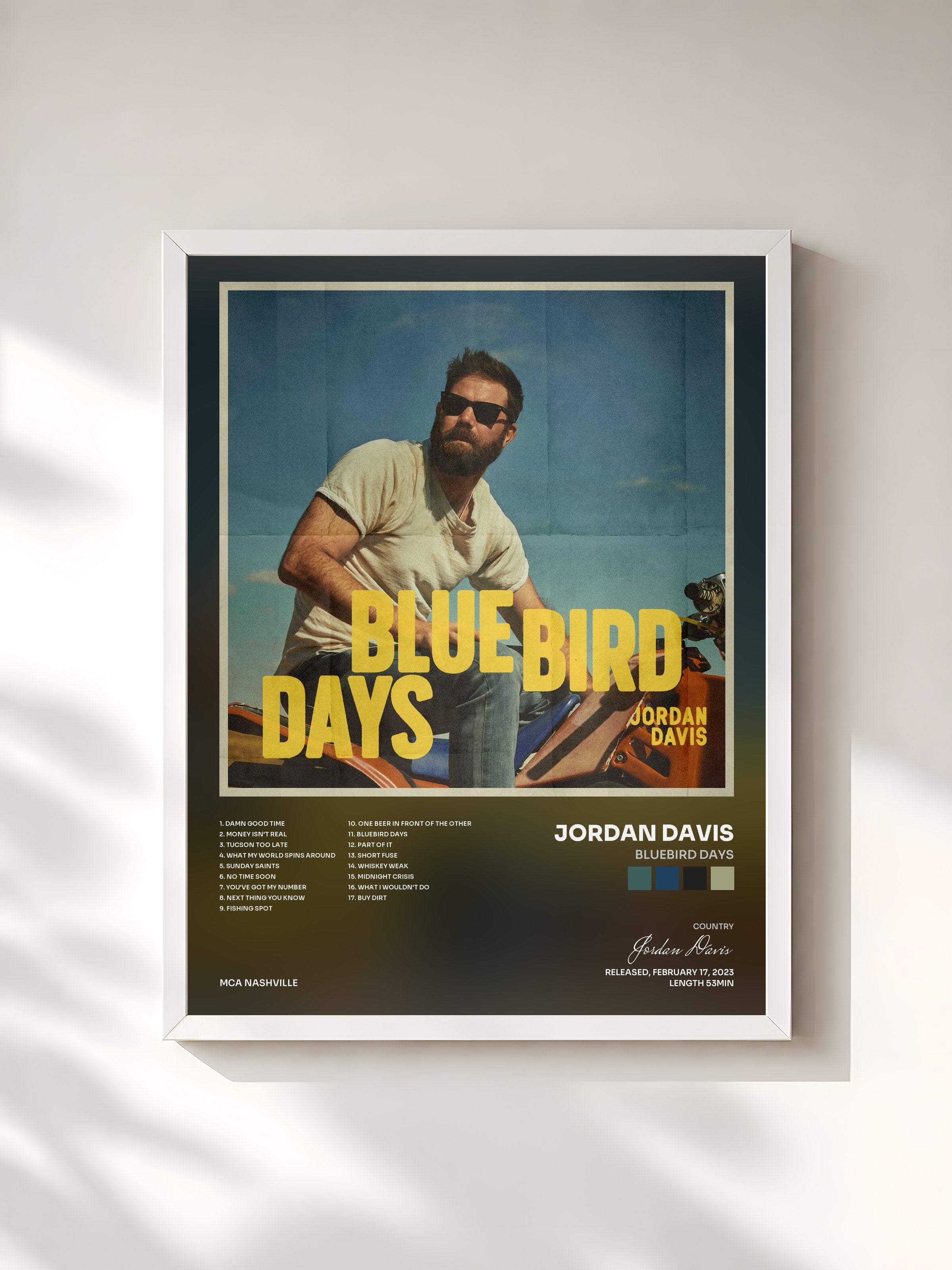 #blanc Tableau de l'album Bluebird Days de Jordan Davis, cadre blanc, imprimé et encadré en France