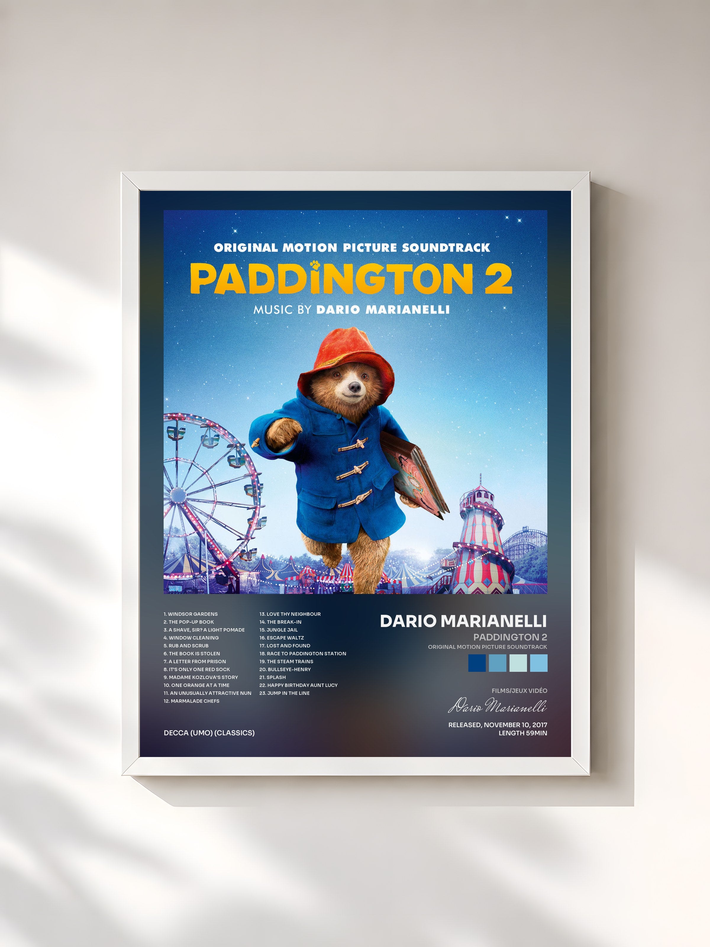 #blanc Tableau de l'album Paddington 2 (Original Motion Picture Soundtrack) de Dario Marianelli, cadre blanc, imprimé et encadré en France